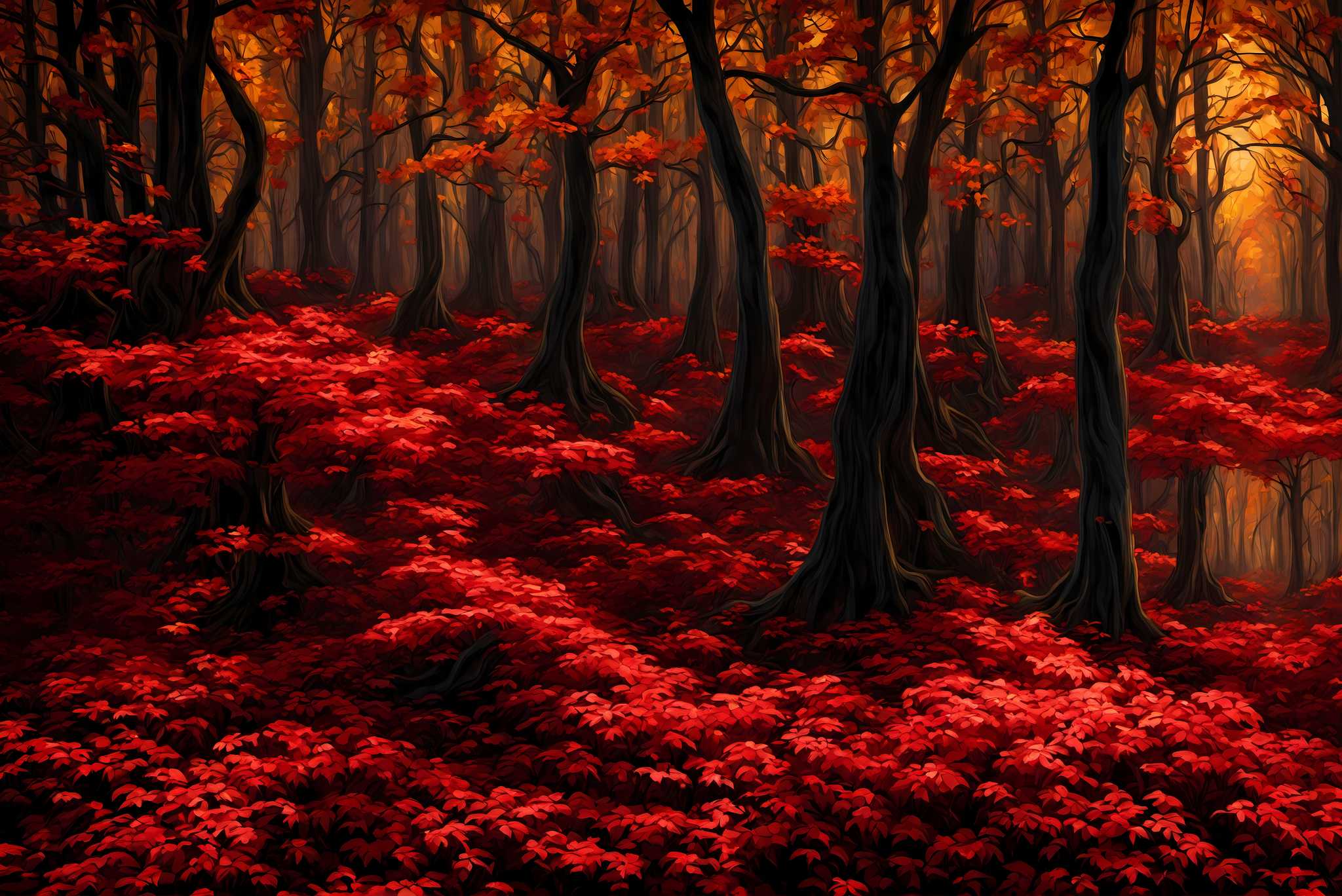 Autumn enchantment canopy: Vibrant forest art with colorful woodland compositions, in a room with innovative layout, abstract paintings, and luxe decor. The art can be printed on poster, framed poster, canvas, metal, acrylic or wood, exclusively at WallArtZen. Find this exact print at https://wallartzen.com/waz146