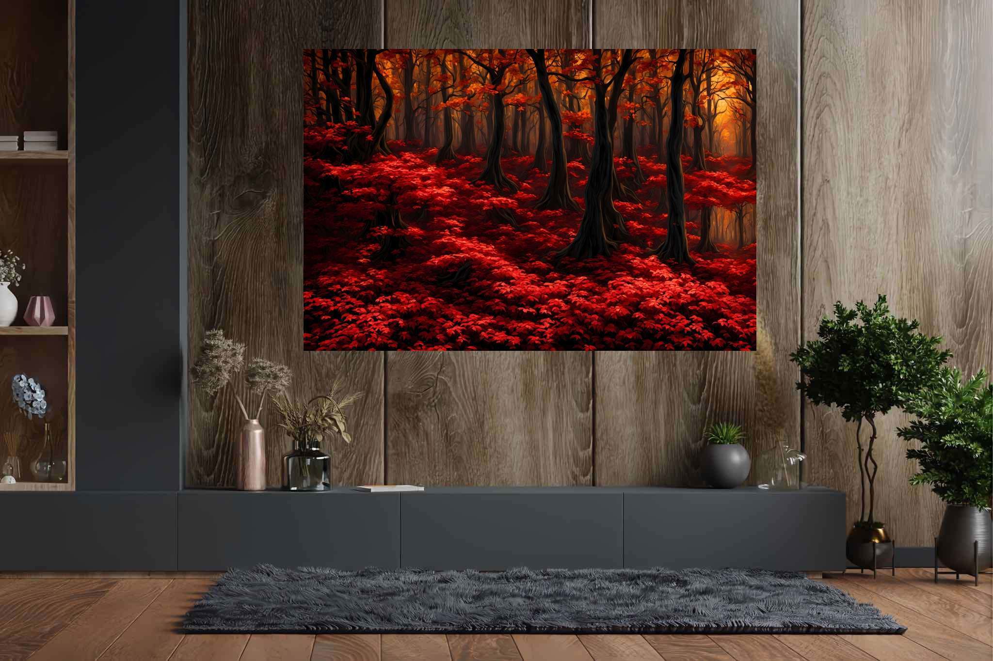 Autumn enchantment canopy: Vibrant forest art with vibrant forest canvas, in a room with great design, bespoke art designs, and artisan decor. The art can be printed on poster, framed poster, canvas, metal, acrylic or wood, exclusively at WallArtZen. Find this exact print at https://wallartzen.com/waz146