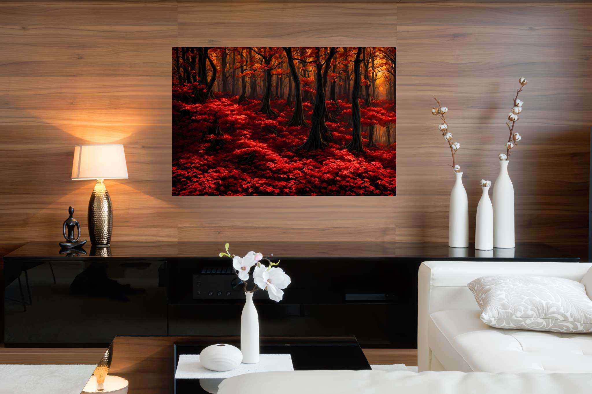 Autumn enchantment canopy: Vibrant forest art with lively forest scenes, in a room with artistic style, digital art pieces, and trendy home accents. The art can be printed on poster, framed poster, canvas, metal, acrylic or wood, exclusively at WallArtZen. Find this exact print at https://wallartzen.com/waz146