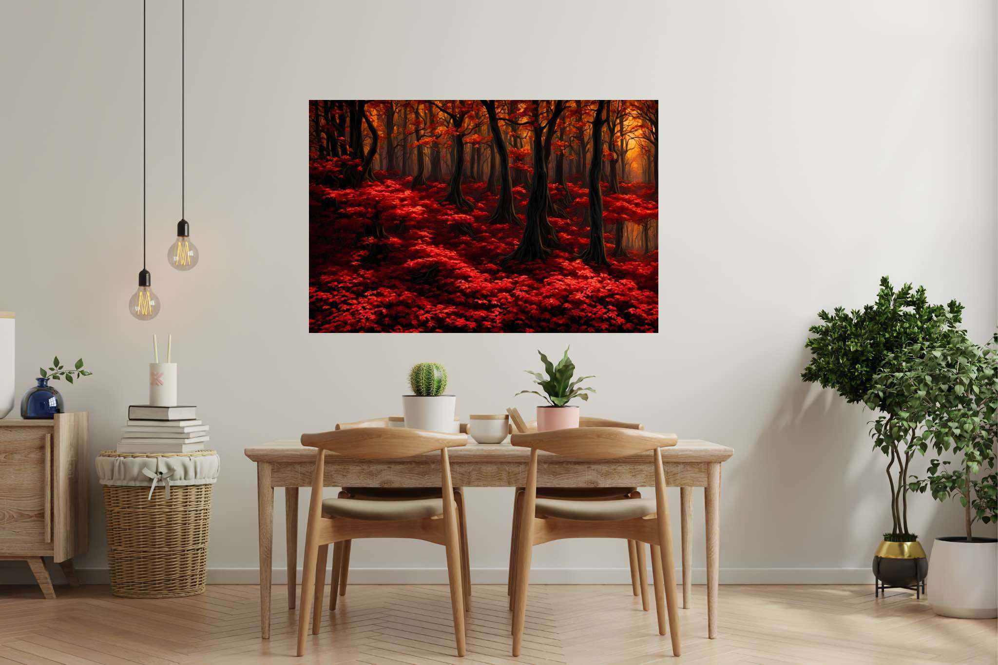 Autumn enchantment canopy: Vibrant forest art with colorful woodland compositions, in a room with chic decor, wall art, and trendy home accents. The art can be printed on poster, framed poster, canvas, metal, acrylic or wood, exclusively at WallArtZen. Find this exact print at https://wallartzen.com/waz146
