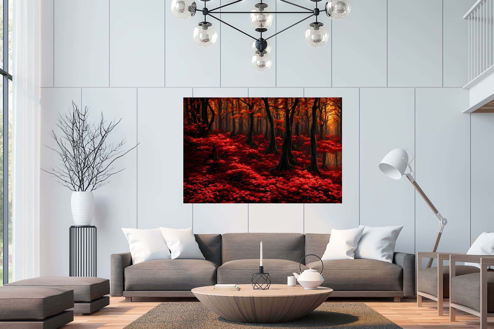Autumn enchantment canopy: Vibrant forest art with lively nature paintings, in a room with elegant layout, digital art pieces, and home furnishings. The art can be printed on poster, framed poster, canvas, metal, acrylic or wood, exclusively at WallArtZen. Find this exact print at https://wallartzen.com/waz146