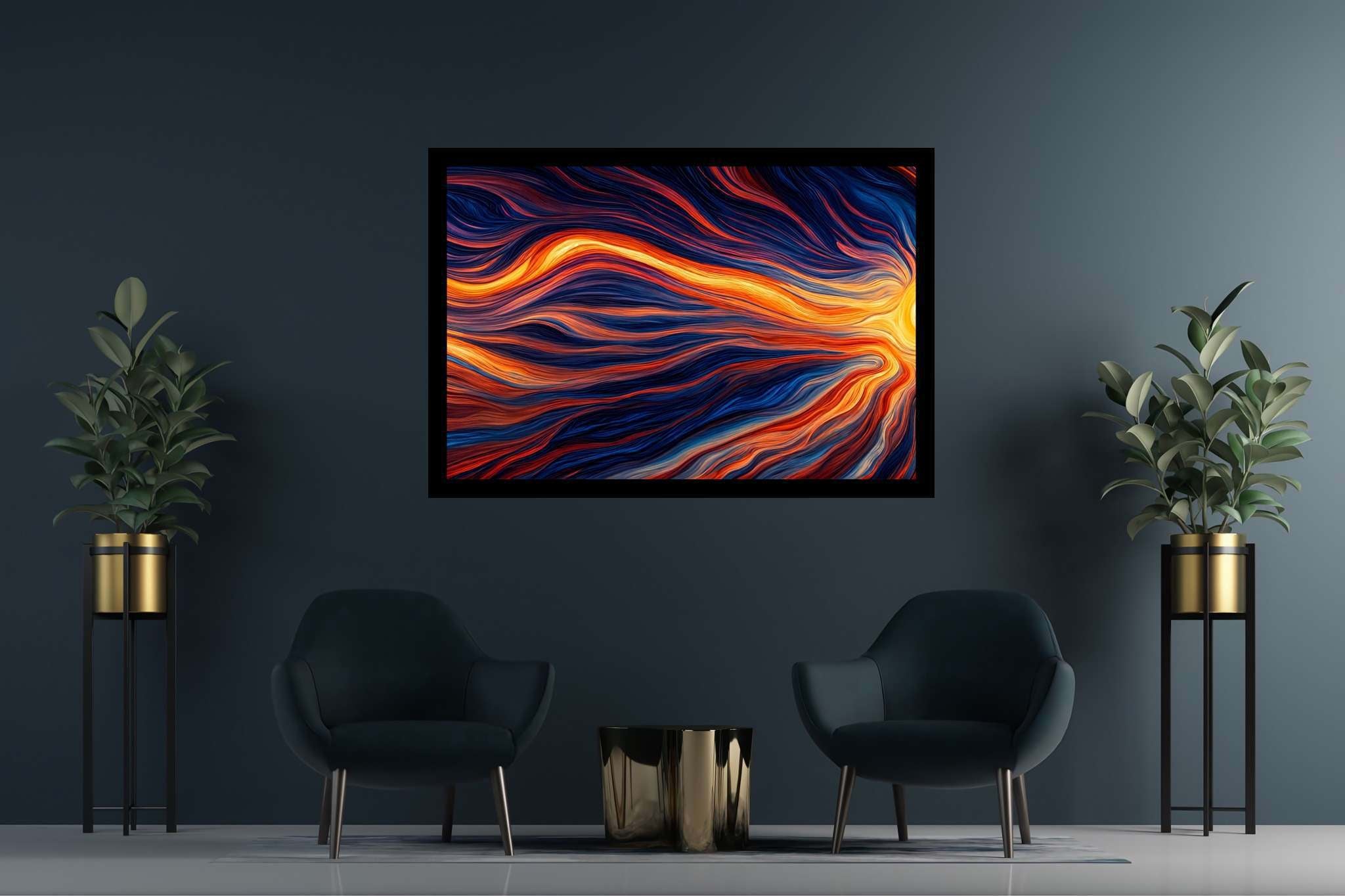 Crimson dusk ballet: Vibrant sunset art with art inspired by sunsets, in a room with innovative layout, digital art pieces, and home furnishings. The art can be printed on poster, framed poster, canvas, metal, acrylic or wood, exclusively at WallArtZen. Find this exact print at https://wallartzen.com/waz147