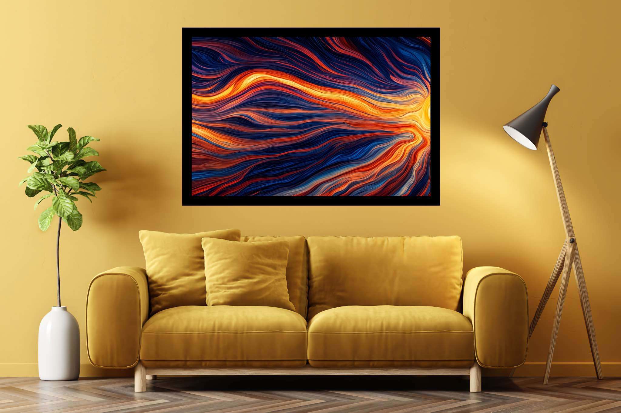 Crimson dusk ballet: Vibrant sunset art with beautiful sunset art, in a room with modern style, fine art prints, and artisan decor. The art can be printed on poster, framed poster, canvas, metal, acrylic or wood, exclusively at WallArtZen. Find this exact print at https://wallartzen.com/waz147