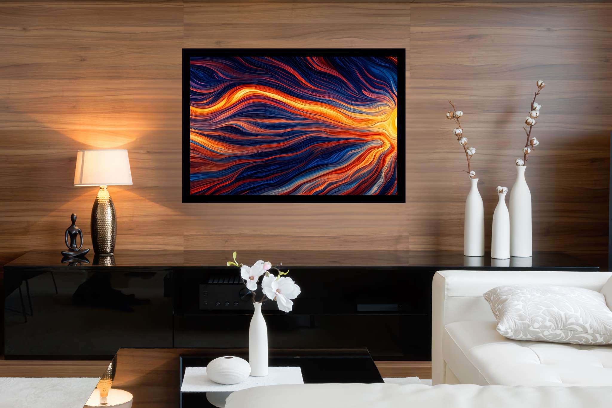 Crimson dusk ballet: Vibrant sunset art with sunset artwork gallery, in a room with artistic style, canvas prints, and stylish accessories. The art can be printed on poster, framed poster, canvas, metal, acrylic or wood, exclusively at WallArtZen. Find this exact print at https://wallartzen.com/waz147