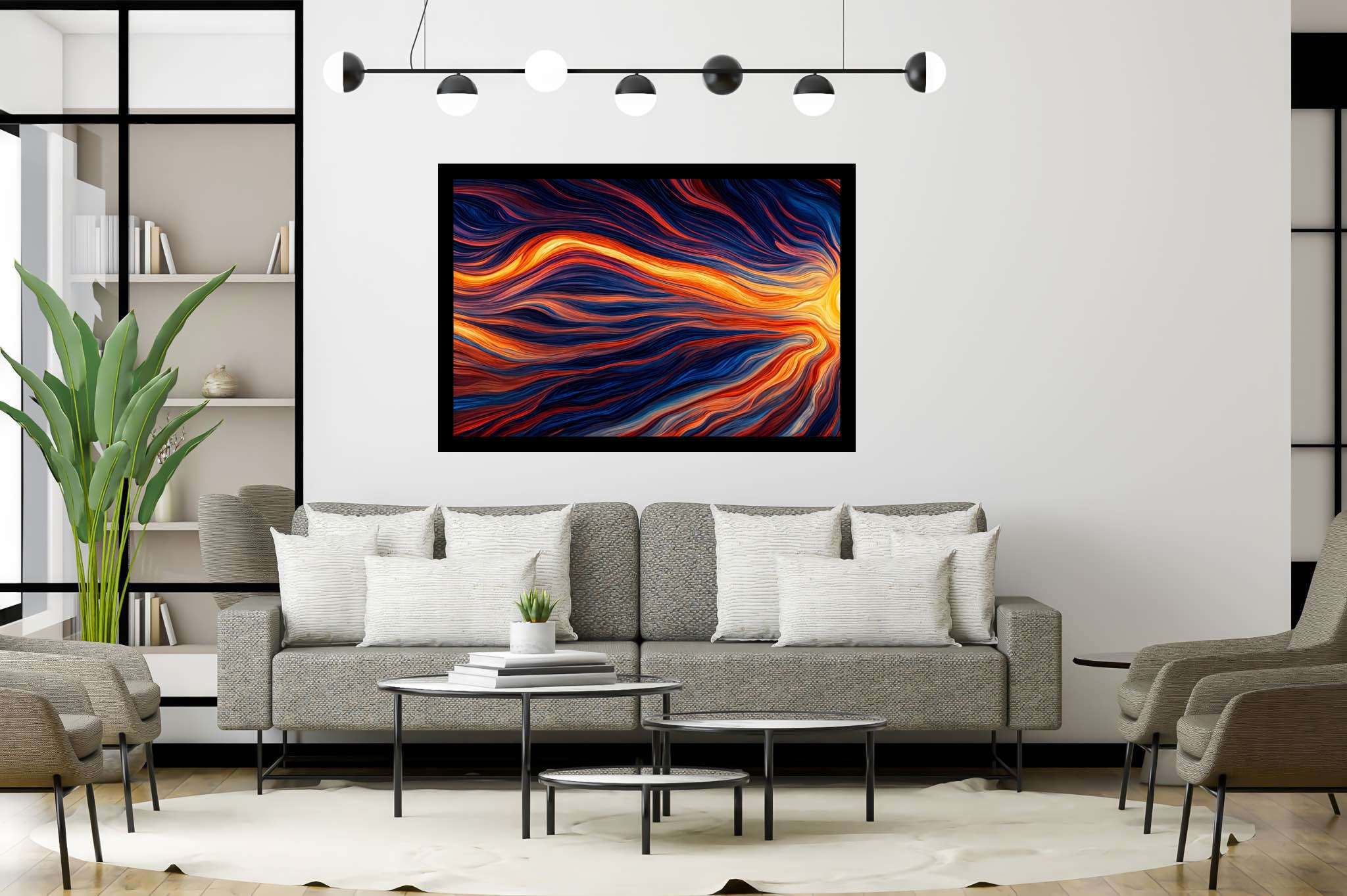 Crimson dusk ballet: Vibrant sunset art with sunset landscape artwork, in a room with chic decor, framed art, and elegant home goods. The art can be printed on poster, framed poster, canvas, metal, acrylic or wood, exclusively at WallArtZen. Find this exact print at https://wallartzen.com/waz147