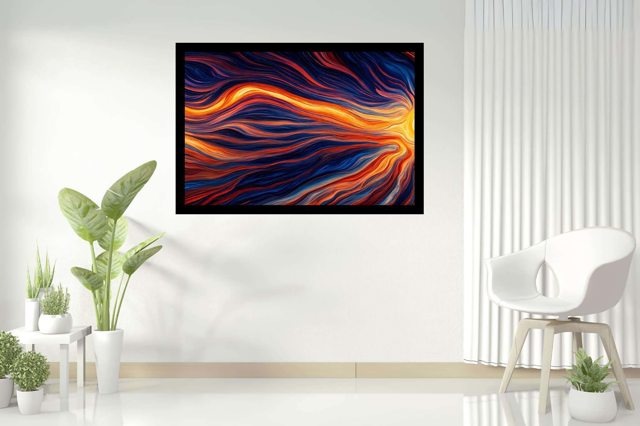 Crimson dusk ballet: Vibrant sunset art with striking sunset illustration, in a room with contemporary flair, fine art prints, and luxe decor. The art can be printed on poster, framed poster, canvas, metal, acrylic or wood, exclusively at WallArtZen. Find this exact print at https://wallartzen.com/waz147