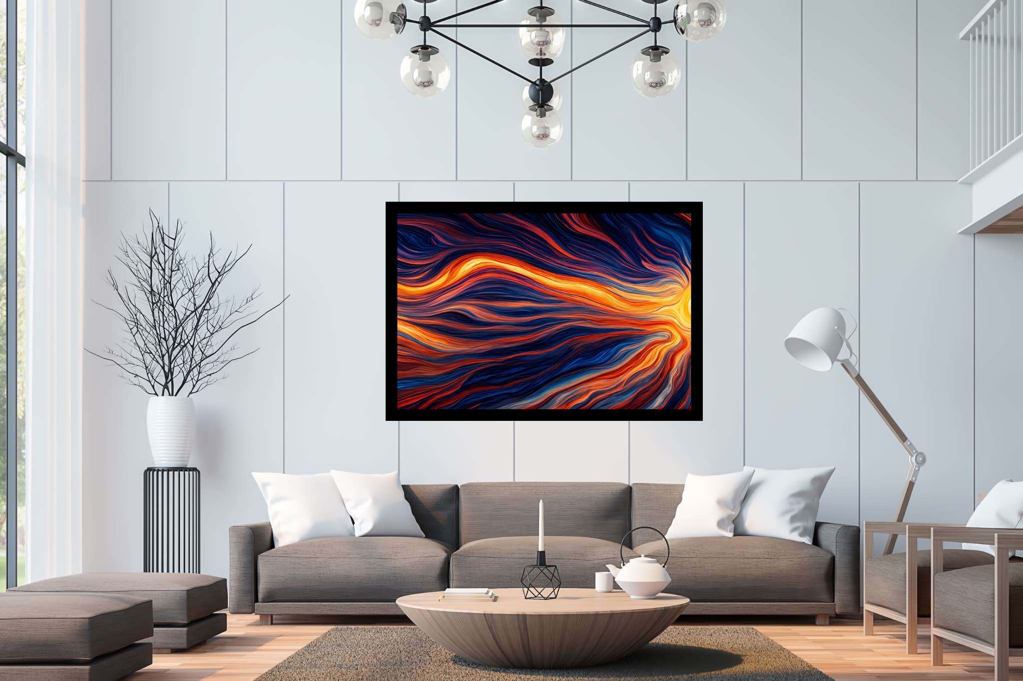 Crimson dusk ballet: Vibrant sunset art with modern sunset art, in a room with classic elegance, digital art pieces, and stylish accessories. The art can be printed on poster, framed poster, canvas, metal, acrylic or wood, exclusively at WallArtZen. Find this exact print at https://wallartzen.com/waz147