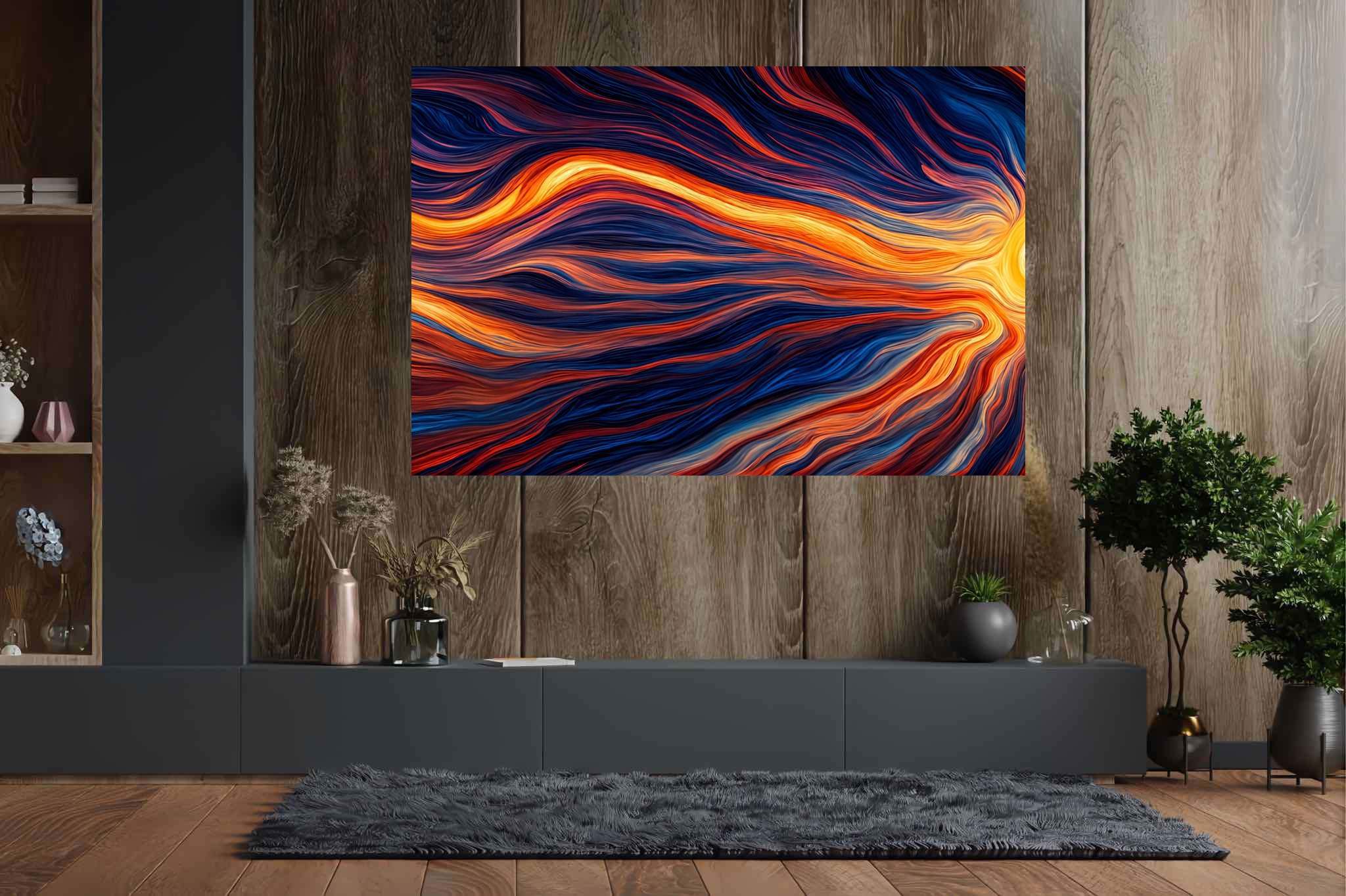 Crimson dusk ballet: Vibrant sunset art with art inspired by sunsets, in a room with modern style, photographic wall art, and home furnishings. The art can be printed on poster, framed poster, canvas, metal, acrylic or wood, exclusively at WallArtZen. Find this exact print at https://wallartzen.com/waz147