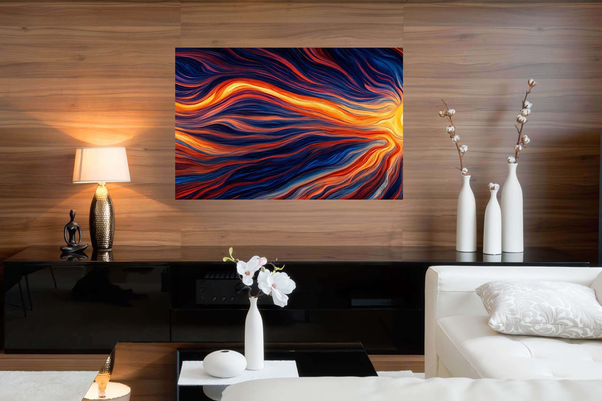 Crimson dusk ballet: Vibrant sunset art with sunset artwork gallery, in a room with classic elegance, bespoke art designs, and elegant home goods. The art can be printed on poster, framed poster, canvas, metal, acrylic or wood, exclusively at WallArtZen. Find this exact print at https://wallartzen.com/waz147