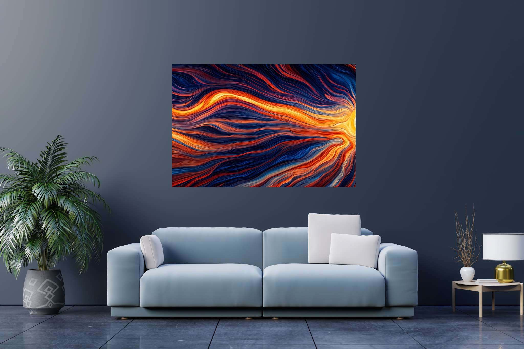 Crimson dusk ballet: Vibrant sunset art with striking sunset illustration, in a room with elegant layout, fine art prints, and home styling items. The art can be printed on poster, framed poster, canvas, metal, acrylic or wood, exclusively at WallArtZen. Find this exact print at https://wallartzen.com/waz147