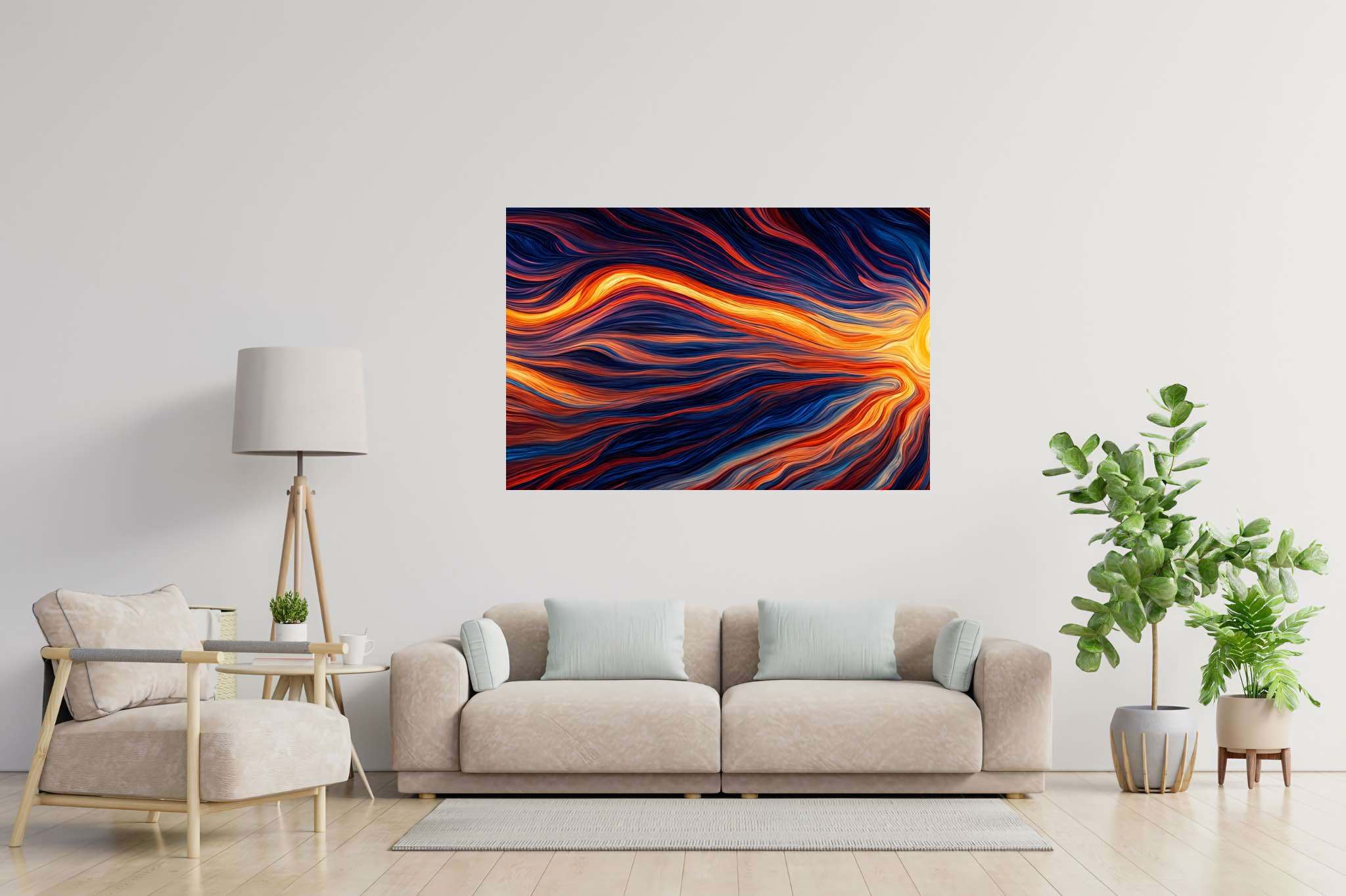 Crimson dusk ballet: Vibrant sunset art with colorful sunset painting, in a room with urban design, photographic wall art, and trendy home accents. The art can be printed on poster, framed poster, canvas, metal, acrylic or wood, exclusively at WallArtZen. Find this exact print at https://wallartzen.com/waz147