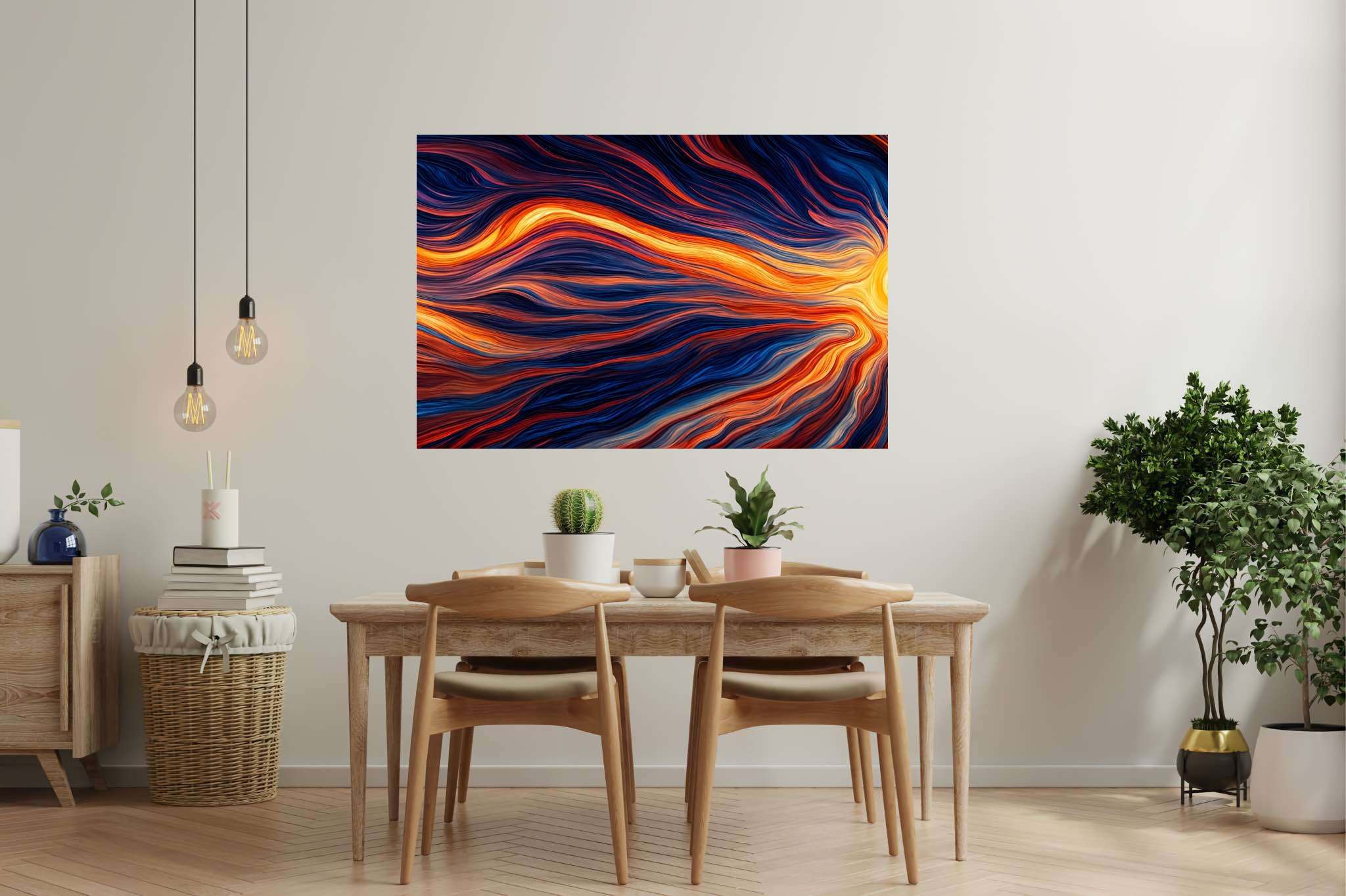 Crimson dusk ballet: Vibrant sunset art with striking sunset illustration, in a room with contemporary flair, framed art, and stylish accessories. The art can be printed on poster, framed poster, canvas, metal, acrylic or wood, exclusively at WallArtZen. Find this exact print at https://wallartzen.com/waz147