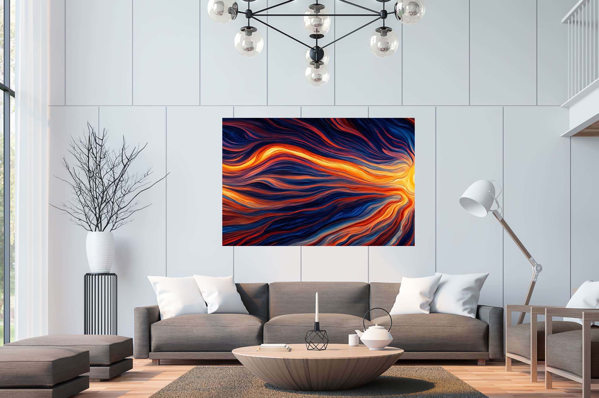 Crimson dusk ballet: Vibrant sunset art with vibrant colors in art, in a room with minimalist approach, fine art prints, and artisan decor. The art can be printed on poster, framed poster, canvas, metal, acrylic or wood, exclusively at WallArtZen. Find this exact print at https://wallartzen.com/waz147