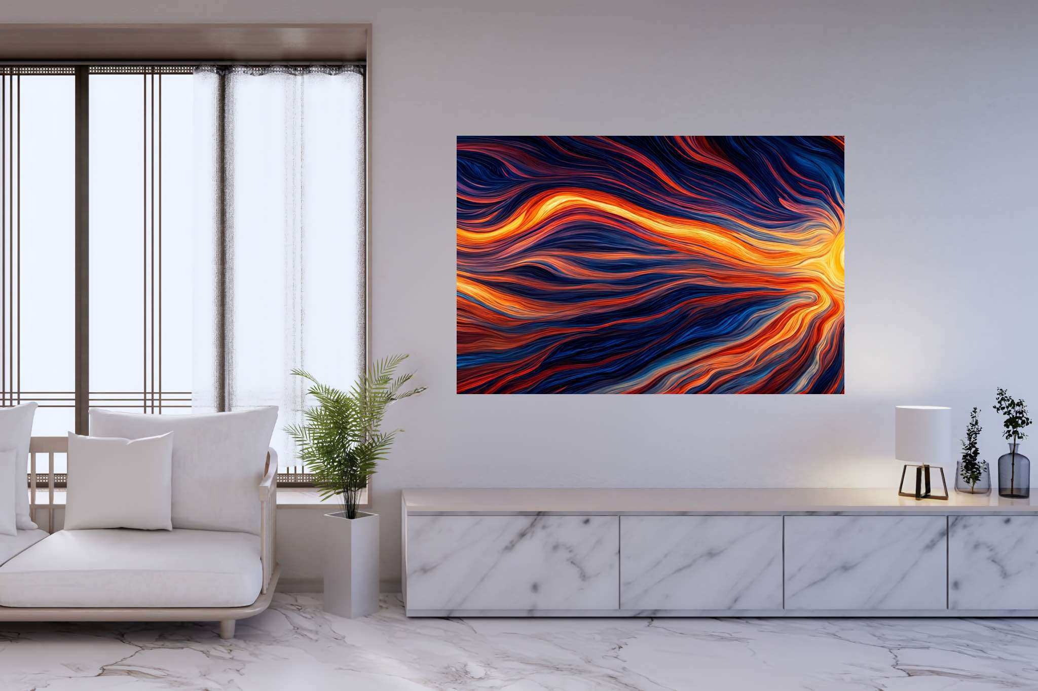 Crimson dusk ballet: Vibrant sunset art with sunset art prints, in a room with chic decor, framed art, and interior decorations. The art can be printed on poster, framed poster, canvas, metal, acrylic or wood, exclusively at WallArtZen. Find this exact print at https://wallartzen.com/waz147