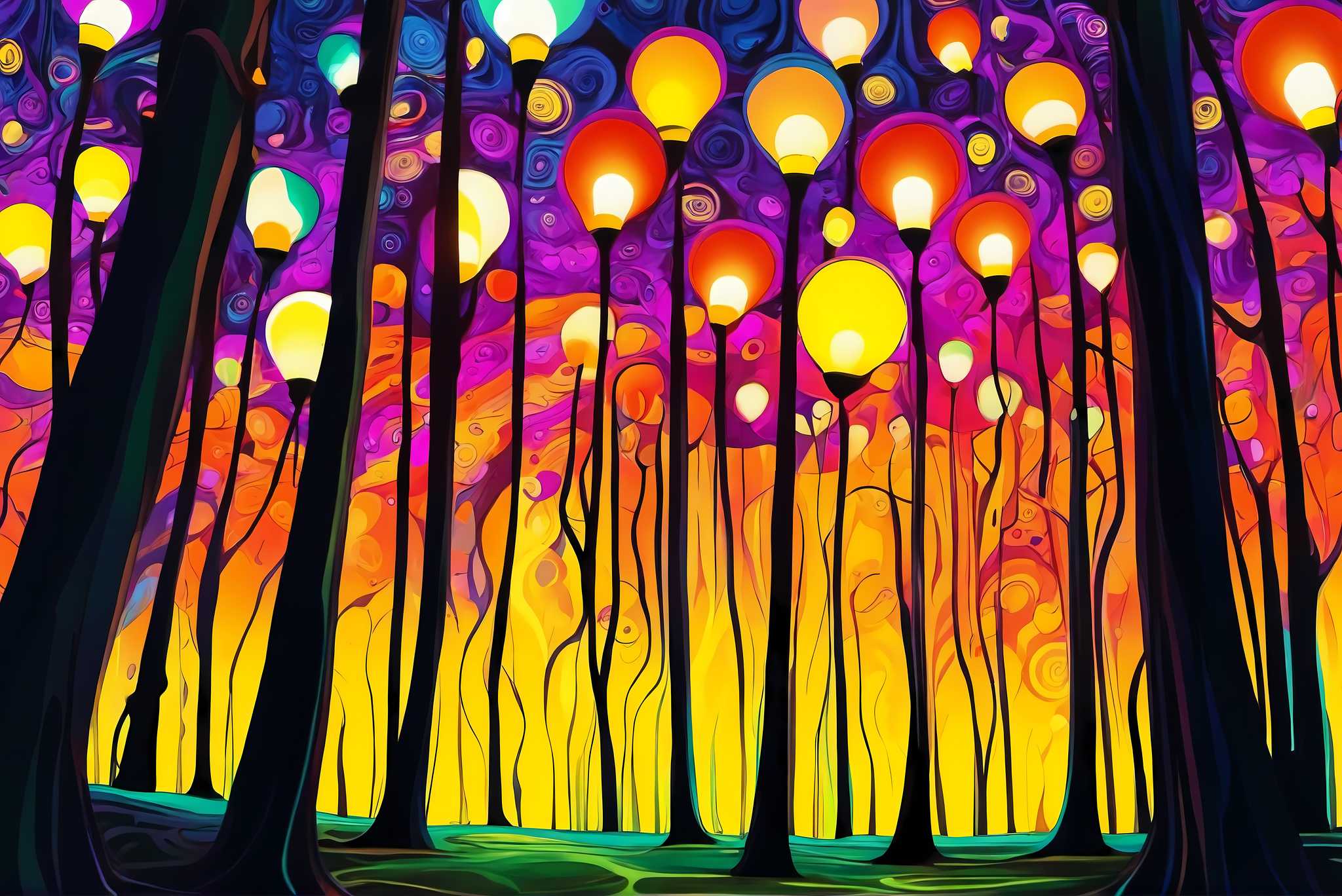 Chroma sylvan dreamspell: Surreal forest art with alternative reality, in a room with contemporary flair, gallery-quality artwork, and luxe decor. The art can be printed on poster, framed poster, canvas, metal, acrylic or wood, exclusively at WallArtZen. Find this exact print at https://wallartzen.com/waz148