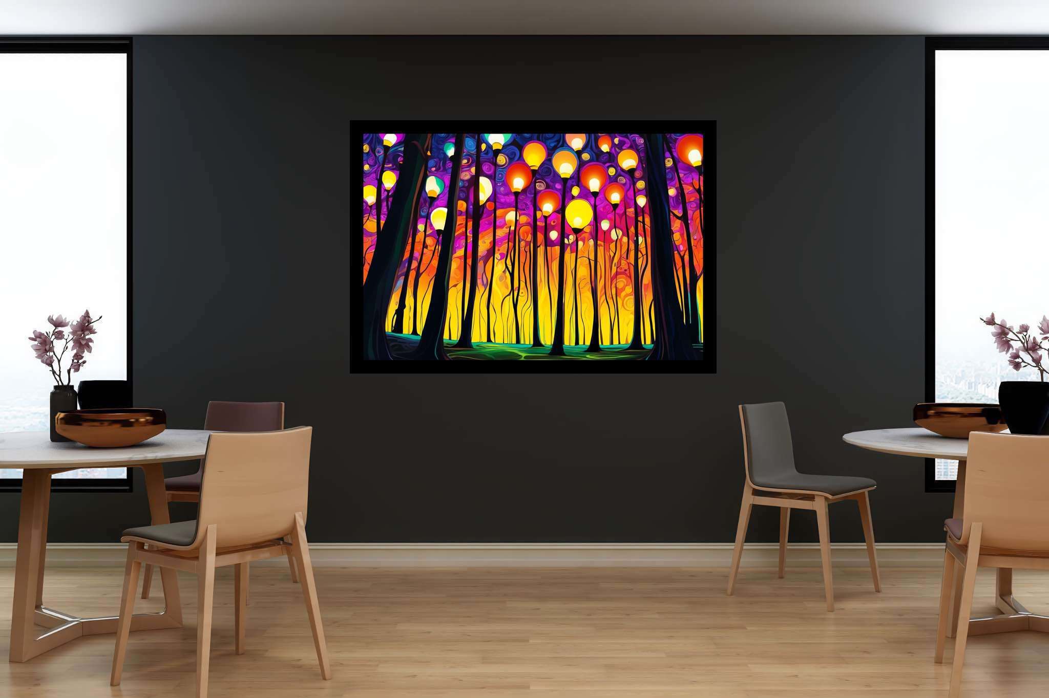 Chroma sylvan dreamspell: Surreal forest art with otherworldly landscapes, in a room with contemporary flair, photographic wall art, and designer furniture. The art can be printed on poster, framed poster, canvas, metal, acrylic or wood, exclusively at WallArtZen. Find this exact print at https://wallartzen.com/waz148