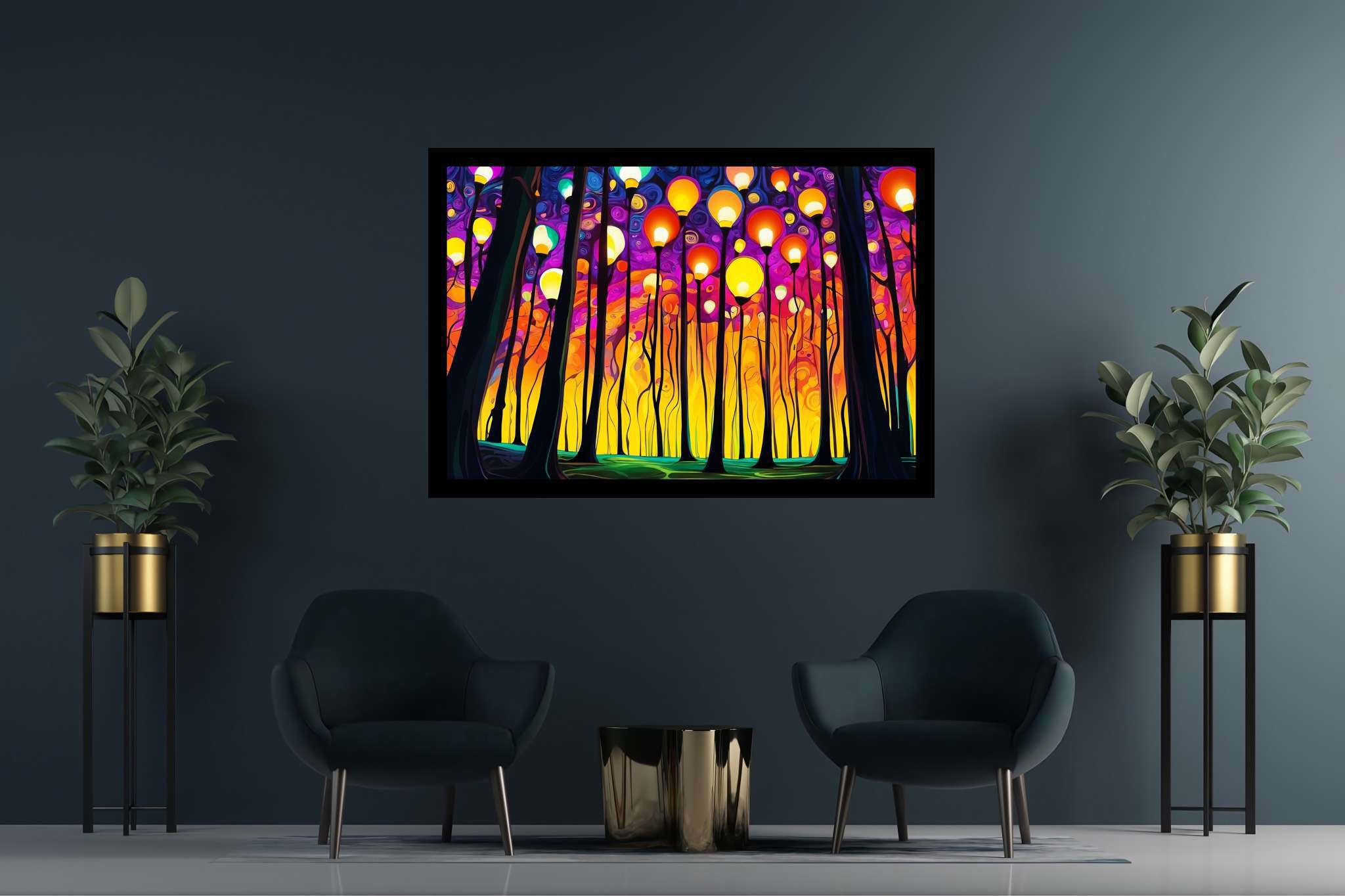 Chroma sylvan dreamspell: Surreal forest art with surreal woodland masterpiece, in a room with contemporary flair, wall hangings, and home furnishings. The art can be printed on poster, framed poster, canvas, metal, acrylic or wood, exclusively at WallArtZen. Find this exact print at https://wallartzen.com/waz148