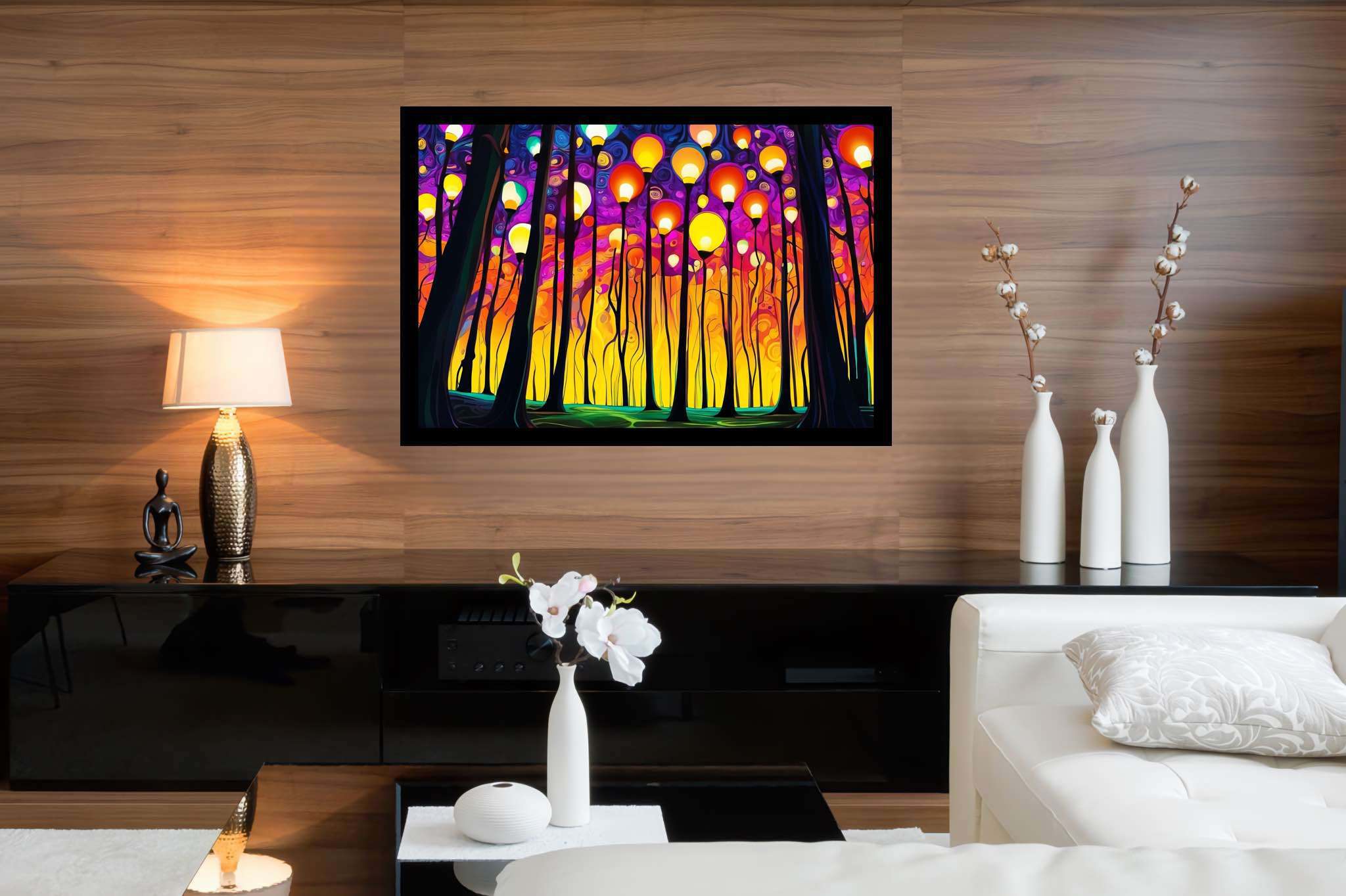 Chroma sylvan dreamspell: Surreal forest art with alternative reality, in a room with modern style, wall hangings, and trendy home accents. The art can be printed on poster, framed poster, canvas, metal, acrylic or wood, exclusively at WallArtZen. Find this exact print at https://wallartzen.com/waz148