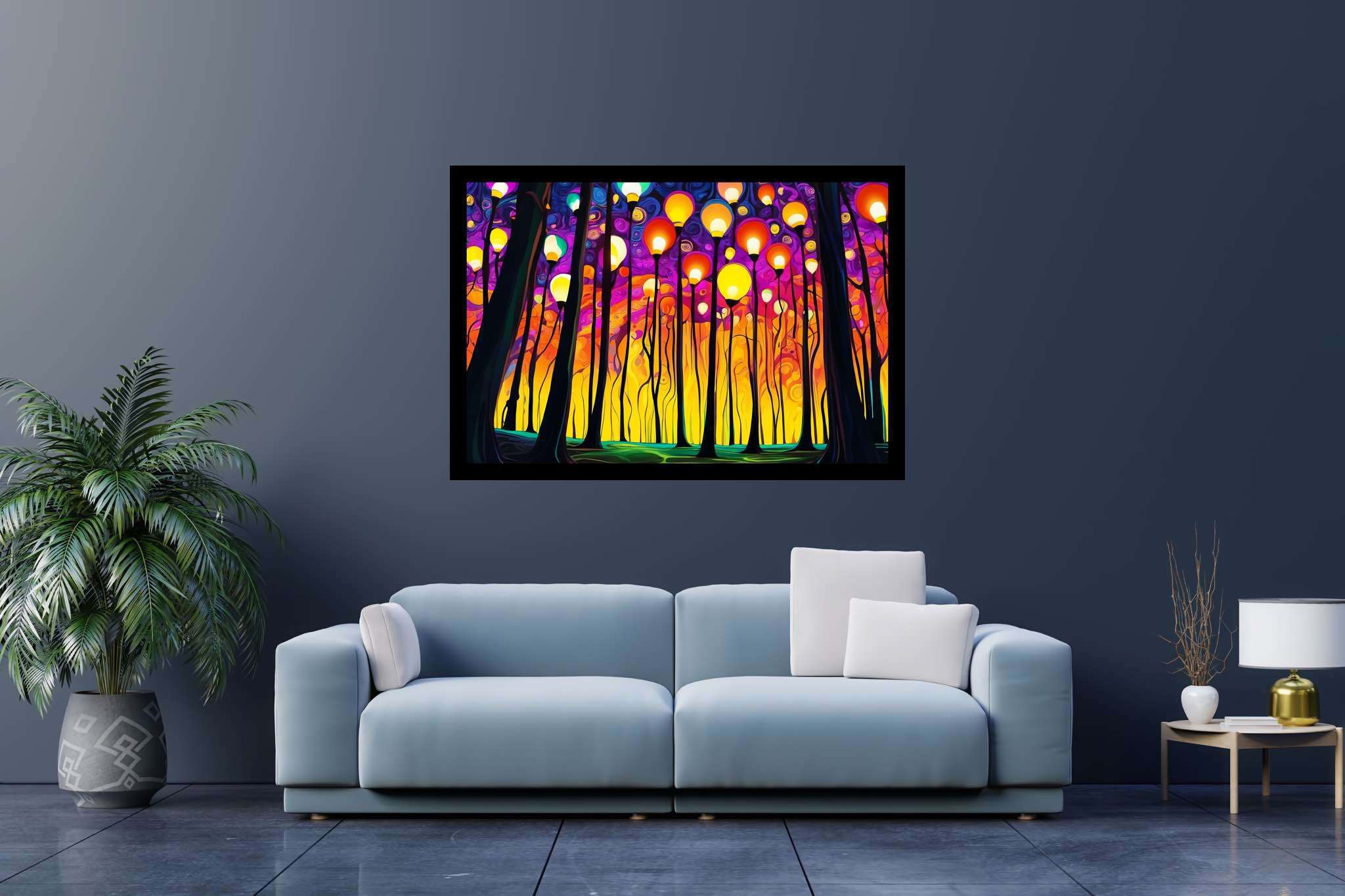 Chroma sylvan dreamspell: Surreal forest art with fantasy art, in a room with innovative layout, abstract paintings, and stylish accessories. The art can be printed on poster, framed poster, canvas, metal, acrylic or wood, exclusively at WallArtZen. Find this exact print at https://wallartzen.com/waz148