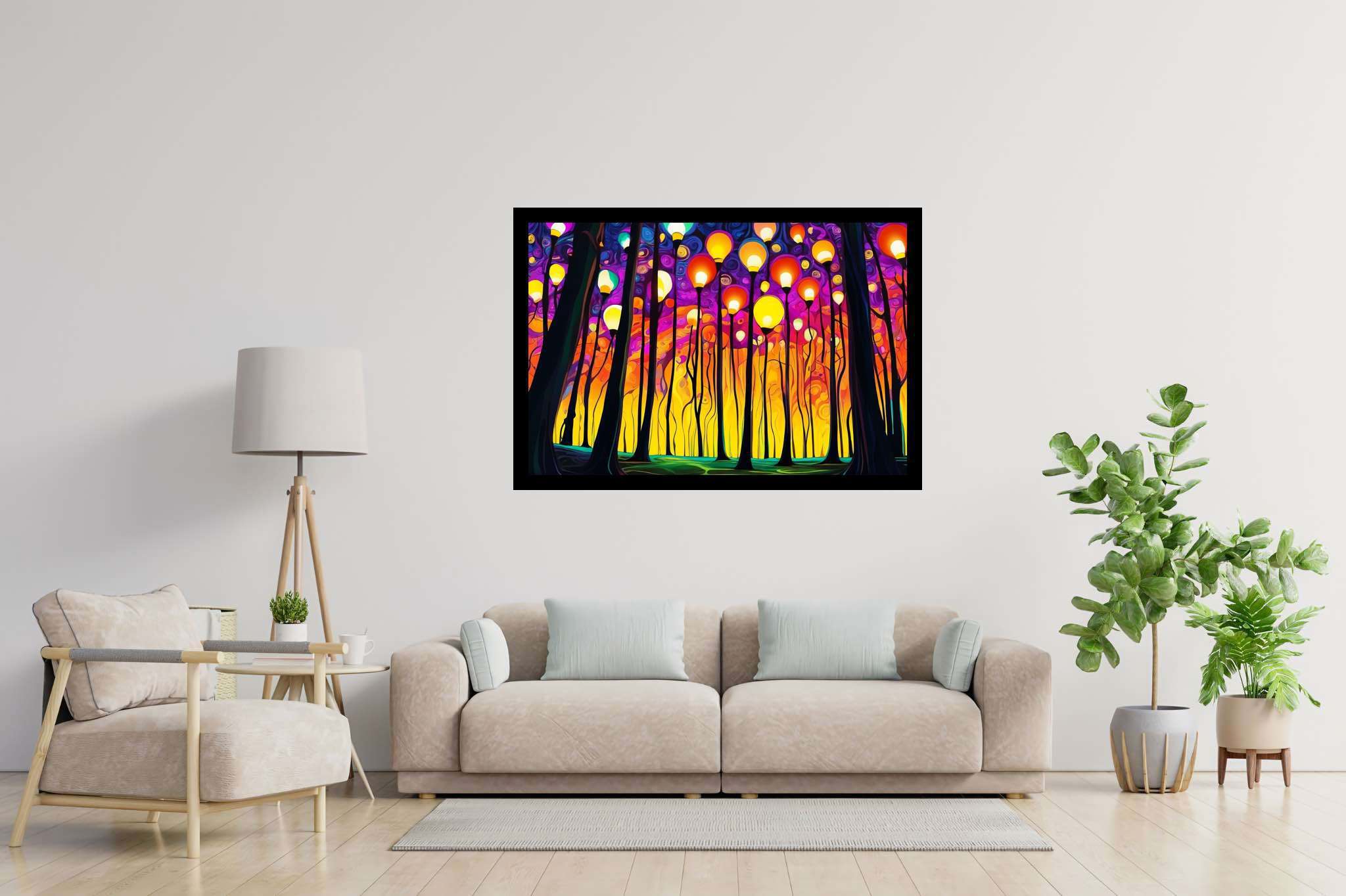 Chroma sylvan dreamspell: Surreal forest art with surreal dreamscape, in a room with minimalist approach, digital art pieces, and interior decorations. The art can be printed on poster, framed poster, canvas, metal, acrylic or wood, exclusively at WallArtZen. Find this exact print at https://wallartzen.com/waz148