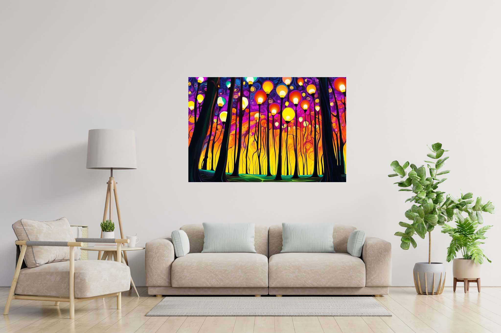 Chroma sylvan dreamspell: Surreal forest art with surreal dreamscape, in a room with chic decor, wall hangings, and designer furniture. The art can be printed on poster, framed poster, canvas, metal, acrylic or wood, exclusively at WallArtZen. Find this exact print at https://wallartzen.com/waz148