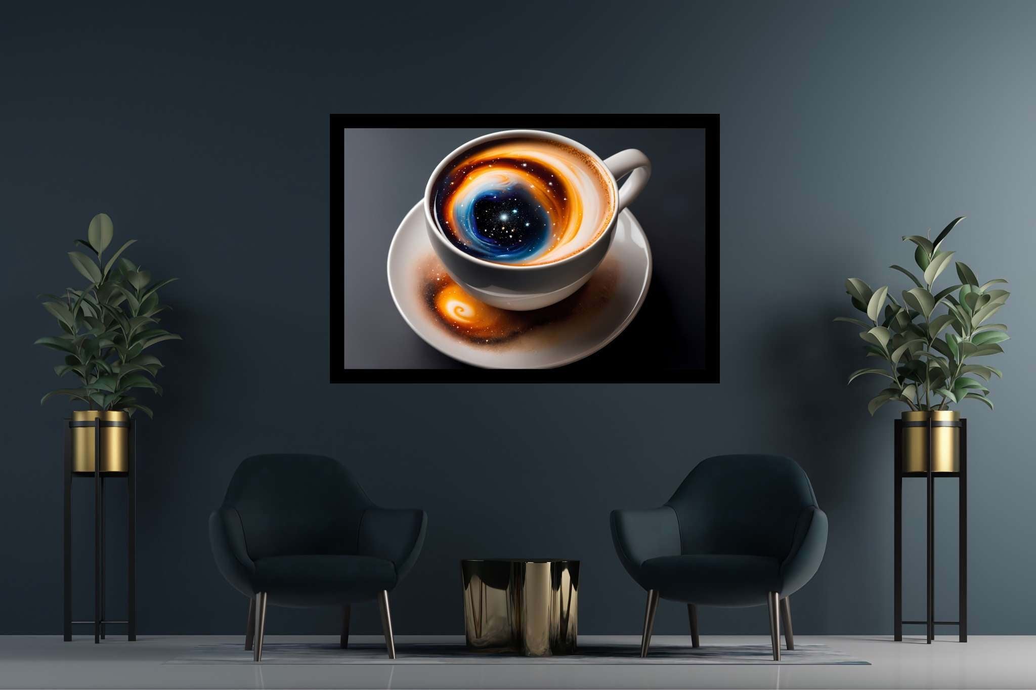 Caffeinated cosmos swirls: Swirl art with swirl art, in a room with chic decor, digital art pieces, and designer furniture. The art can be printed on poster, framed poster, canvas, metal, acrylic or wood, exclusively at WallArtZen. Find this exact print at https://wallartzen.com/waz149