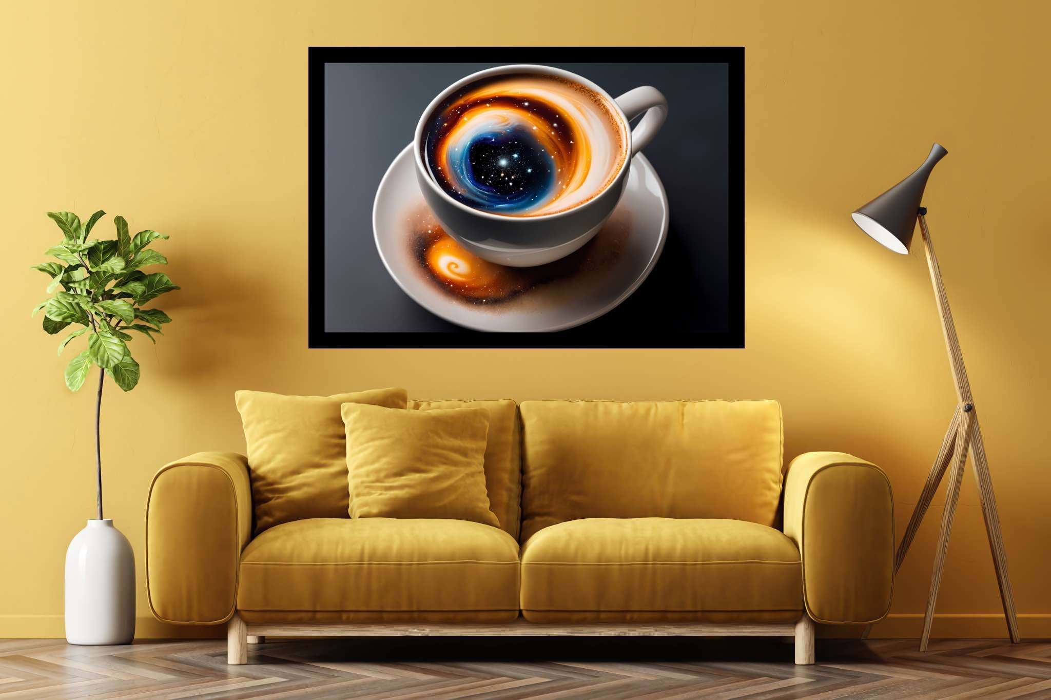 Caffeinated cosmos swirls: Swirl art with dynamic, in a room with contemporary flair, bespoke art designs, and home furnishings. The art can be printed on poster, framed poster, canvas, metal, acrylic or wood, exclusively at WallArtZen. Find this exact print at https://wallartzen.com/waz149