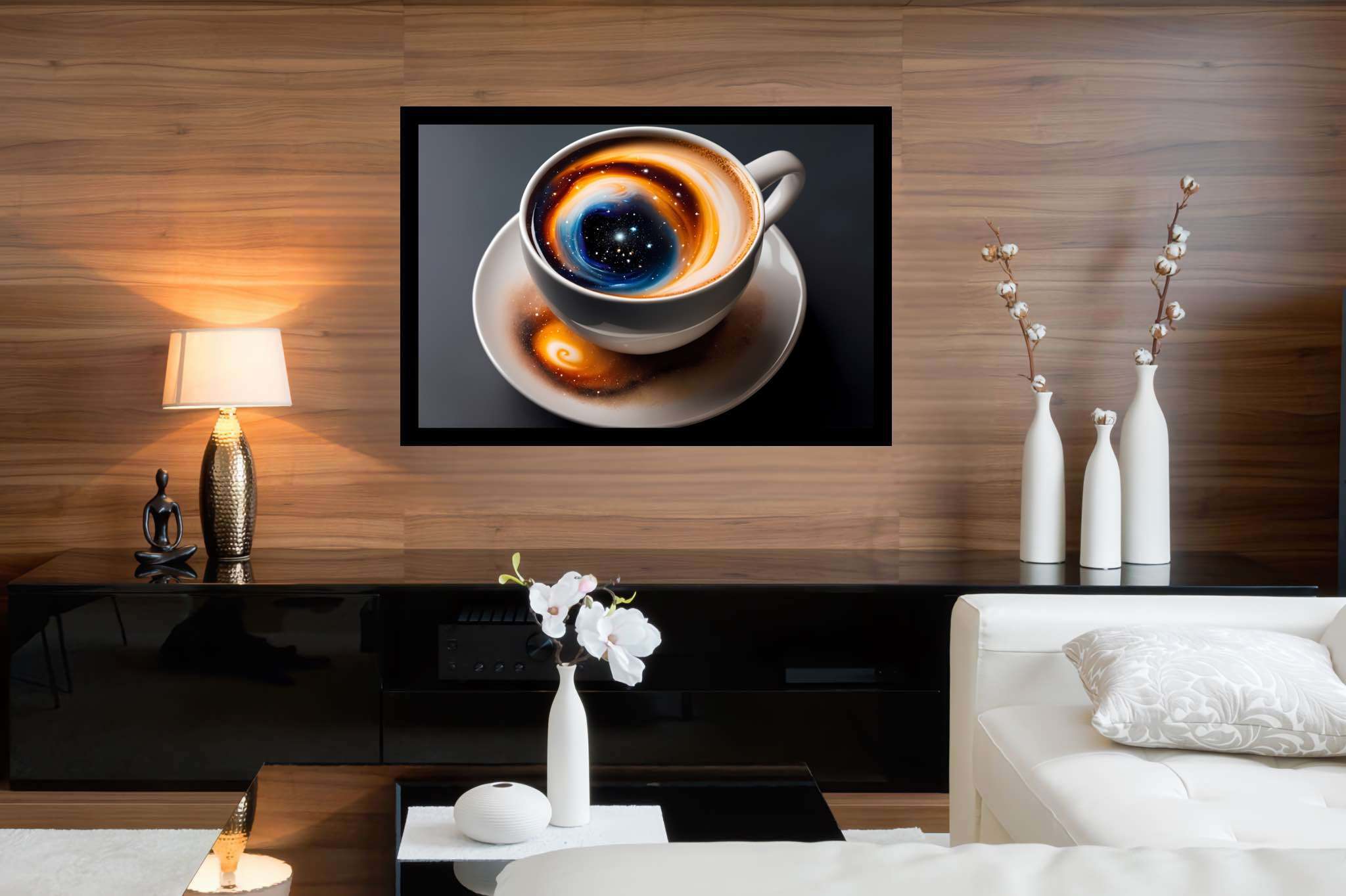 Caffeinated cosmos swirls: Swirl art with artistic, in a room with chic decor, photographic wall art, and artisan decor. The art can be printed on poster, framed poster, canvas, metal, acrylic or wood, exclusively at WallArtZen. Find this exact print at https://wallartzen.com/waz149