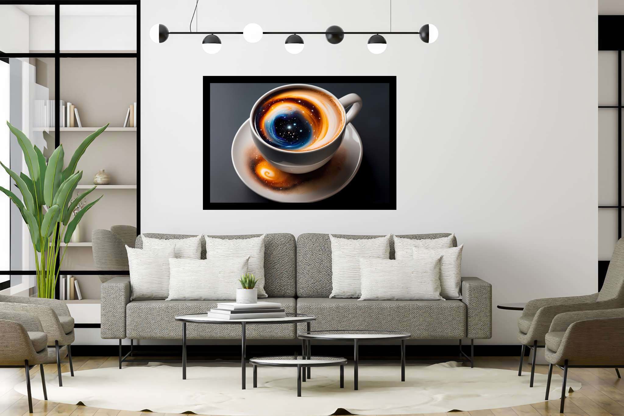 Caffeinated cosmos swirls: Swirl art with artistic, in a room with urban design, gallery-quality artwork, and trendy home accents. The art can be printed on poster, framed poster, canvas, metal, acrylic or wood, exclusively at WallArtZen. Find this exact print at https://wallartzen.com/waz149