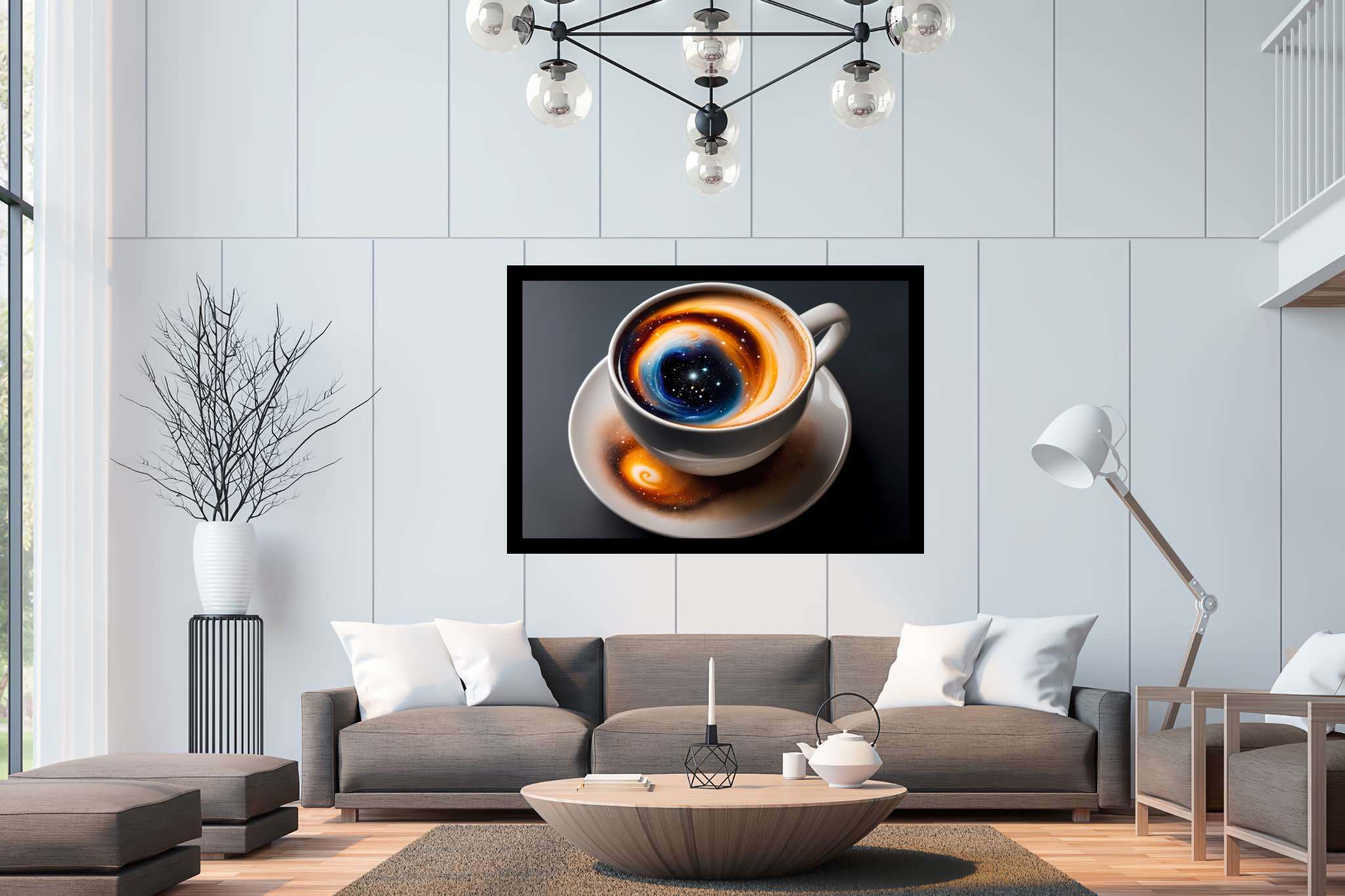 Caffeinated cosmos swirls: Swirl art with colorful, in a room with great design, wall hangings, and stylish accessories. The art can be printed on poster, framed poster, canvas, metal, acrylic or wood, exclusively at WallArtZen. Find this exact print at https://wallartzen.com/waz149