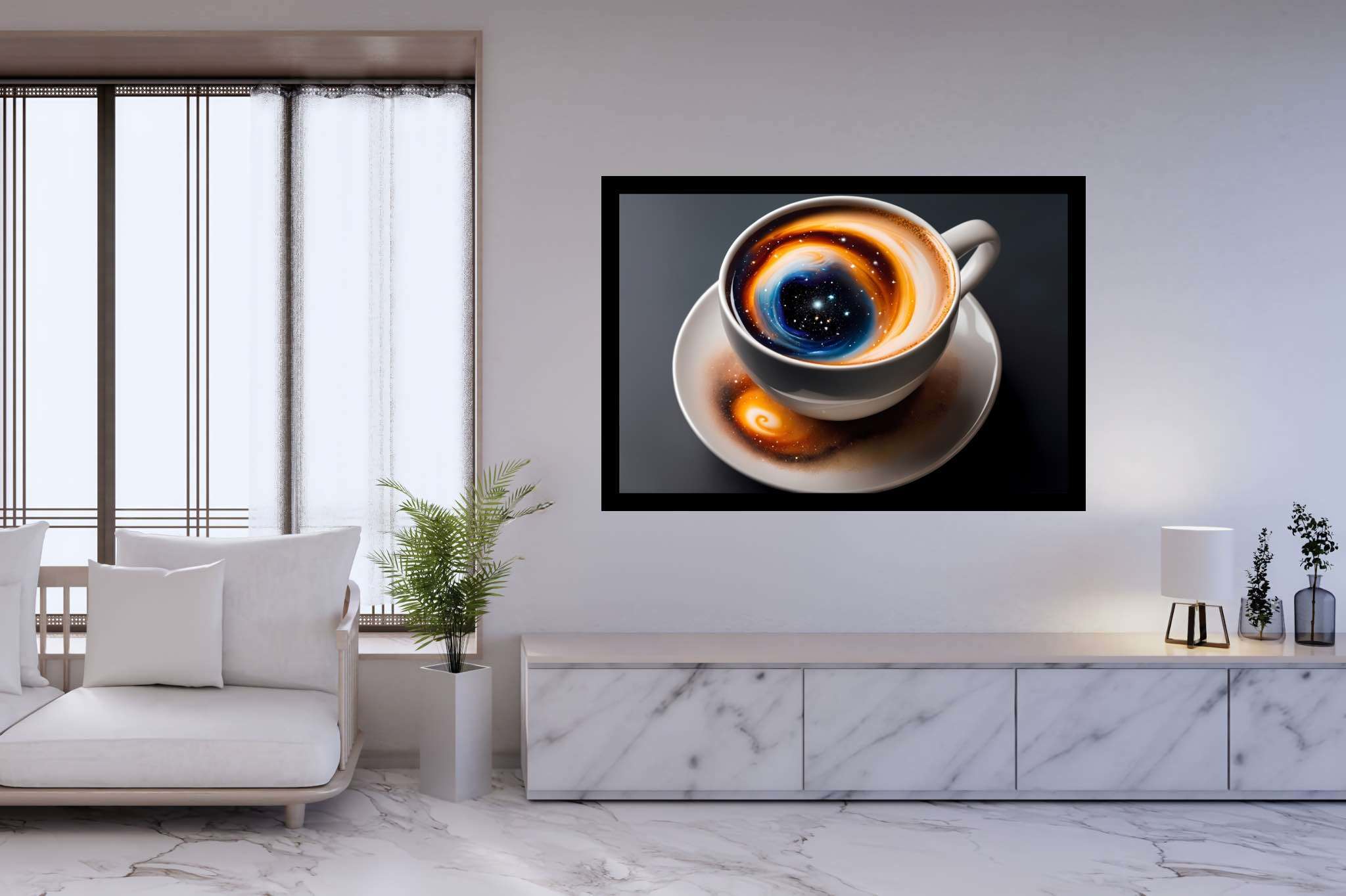 Caffeinated cosmos swirls: Swirl art with colorful, in a room with chic decor, mural artworks, and elegant home goods. The art can be printed on poster, framed poster, canvas, metal, acrylic or wood, exclusively at WallArtZen. Find this exact print at https://wallartzen.com/waz149