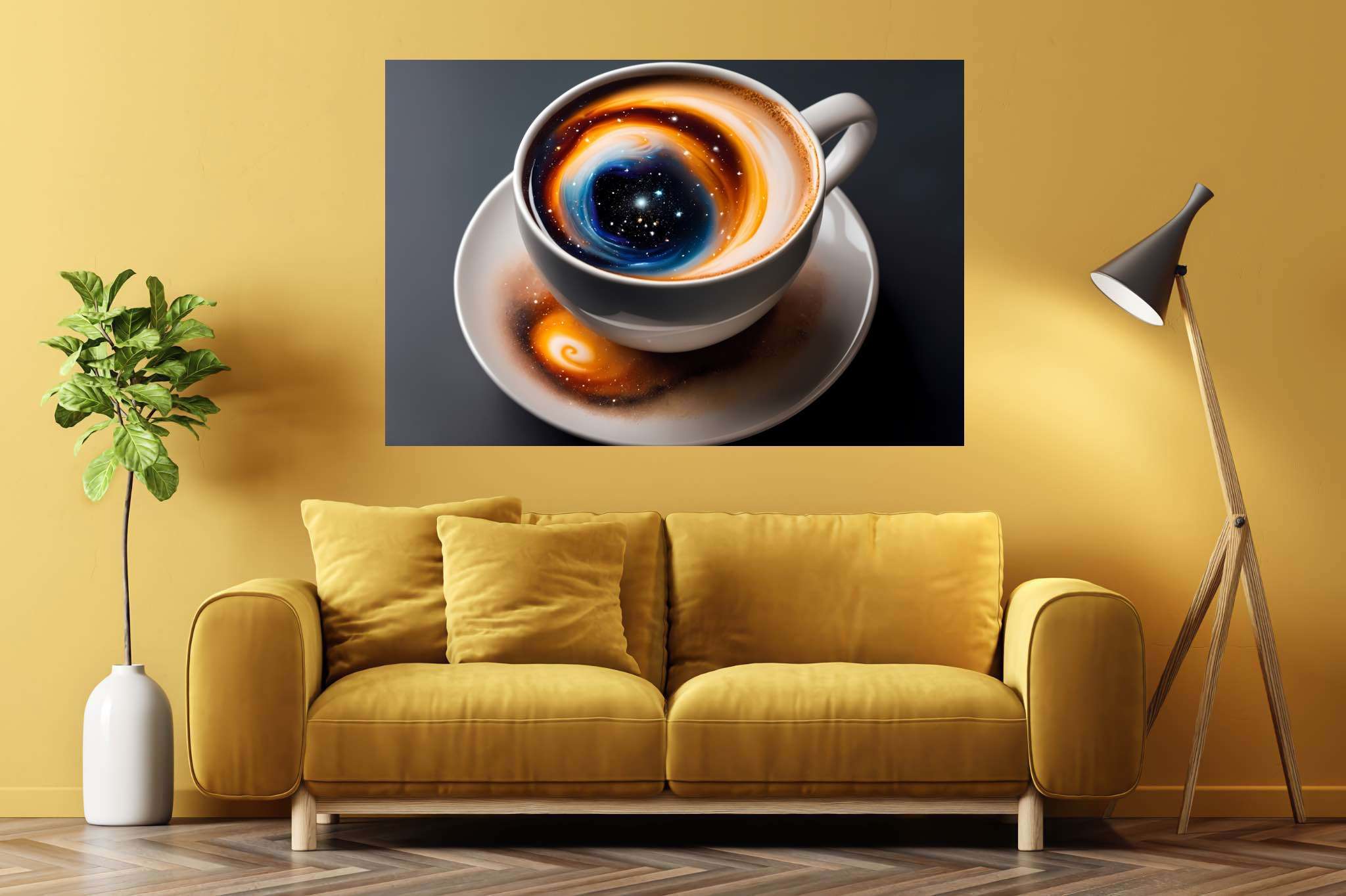 Caffeinated cosmos swirls: Swirl art with swirl art, in a room with minimalist approach, wall art, and elegant home goods. The art can be printed on poster, framed poster, canvas, metal, acrylic or wood, exclusively at WallArtZen. Find this exact print at https://wallartzen.com/waz149