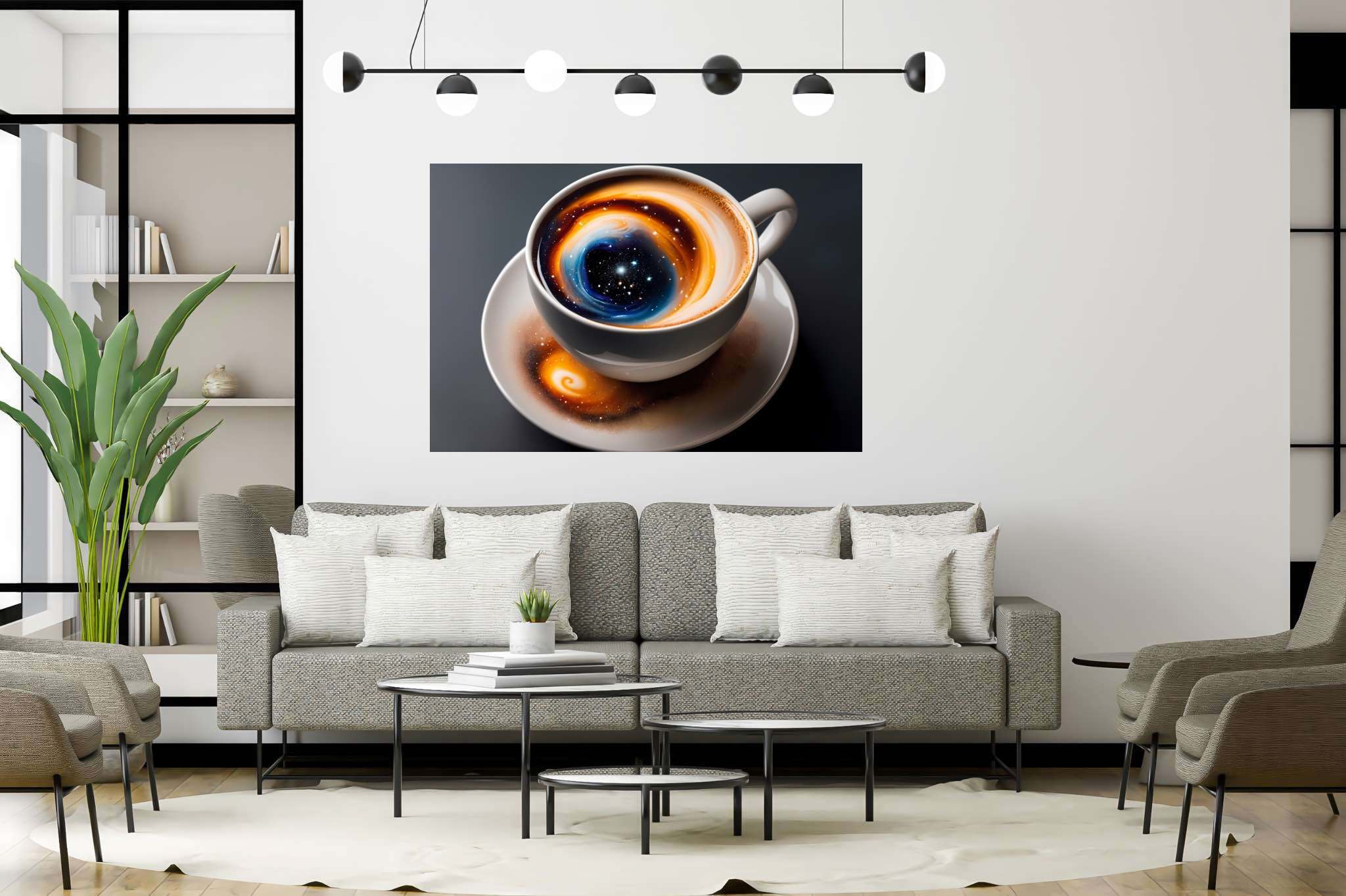 Caffeinated cosmos swirls: Swirl art with artistic, in a room with modern style, bespoke art designs, and artisan decor. The art can be printed on poster, framed poster, canvas, metal, acrylic or wood, exclusively at WallArtZen. Find this exact print at https://wallartzen.com/waz149