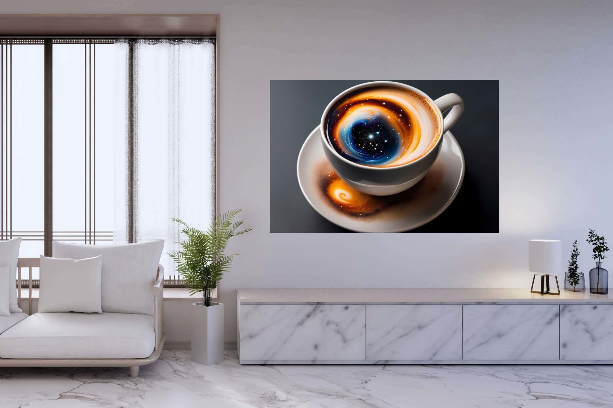Caffeinated cosmos swirls: Swirl art with brush strokes, in a room with classic elegance, framed art, and luxe decor. The art can be printed on poster, framed poster, canvas, metal, acrylic or wood, exclusively at WallArtZen. Find this exact print at https://wallartzen.com/waz149