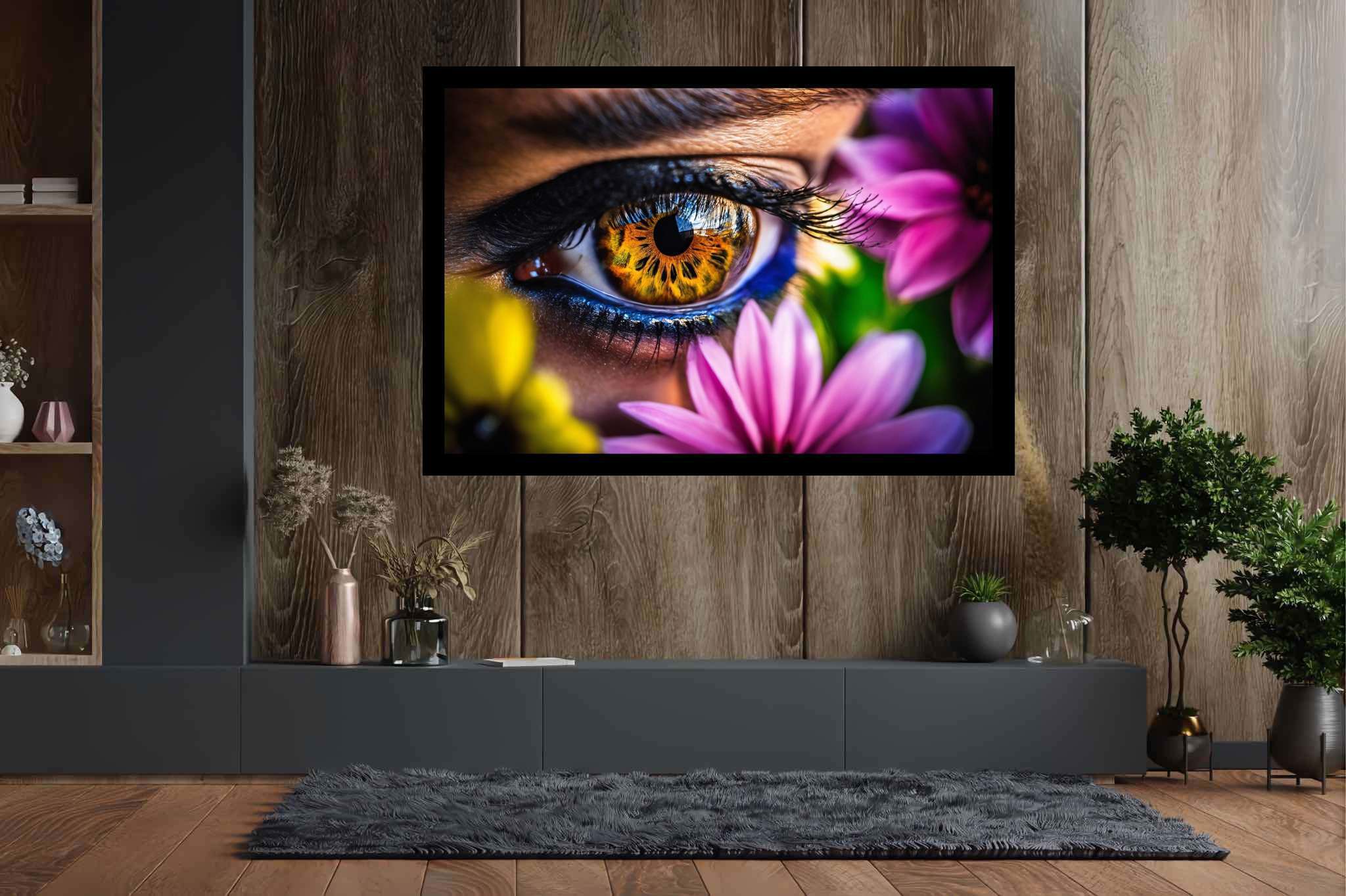 Blossom gaze garden: Eye art with colorful eye art, in a room with classic elegance, wall art, and luxe decor. The art can be printed on poster, framed poster, canvas, metal, acrylic or wood, exclusively at WallArtZen. Find this exact print at https://wallartzen.com/waz14