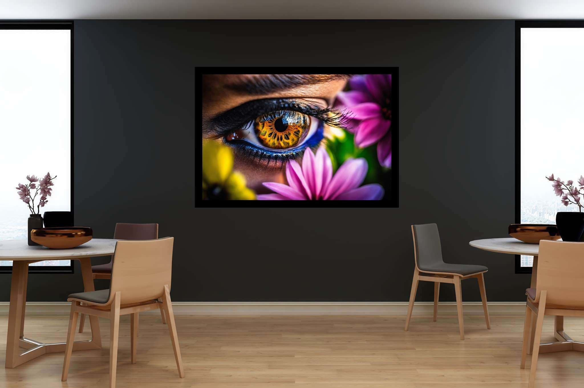 Blossom gaze garden: Eye art with surreal eye art, in a room with great design, framed art, and luxe decor. The art can be printed on poster, framed poster, canvas, metal, acrylic or wood, exclusively at WallArtZen. Find this exact print at https://wallartzen.com/waz14