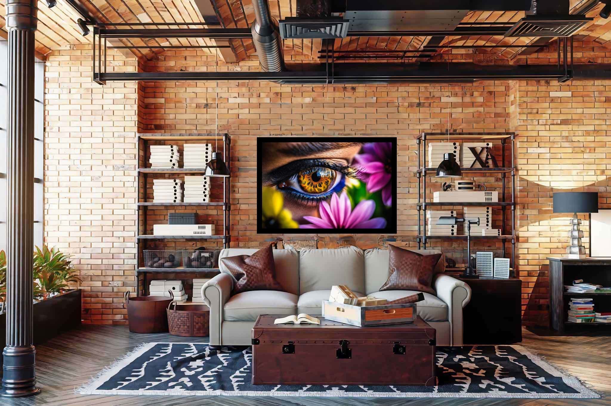 Blossom gaze garden: Eye art with eye art, in a room with minimalist approach, photographic wall art, and luxe decor. The art can be printed on poster, framed poster, canvas, metal, acrylic or wood, exclusively at WallArtZen. Find this exact print at https://wallartzen.com/waz14