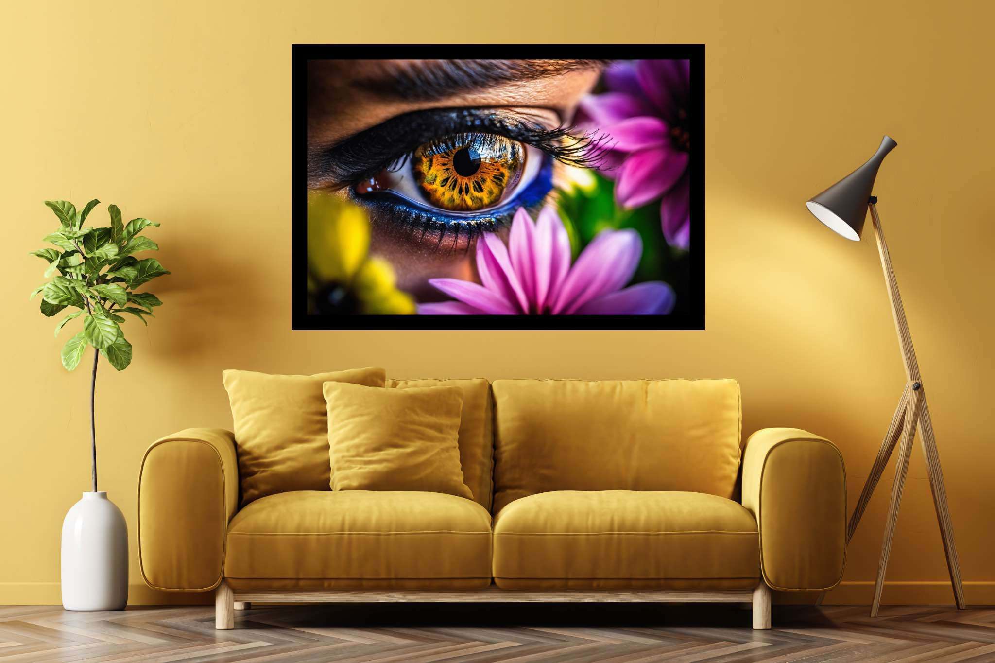 Blossom gaze garden: Eye art with digital eye art, in a room with elegant layout, wall hangings, and home styling items. The art can be printed on poster, framed poster, canvas, metal, acrylic or wood, exclusively at WallArtZen. Find this exact print at https://wallartzen.com/waz14