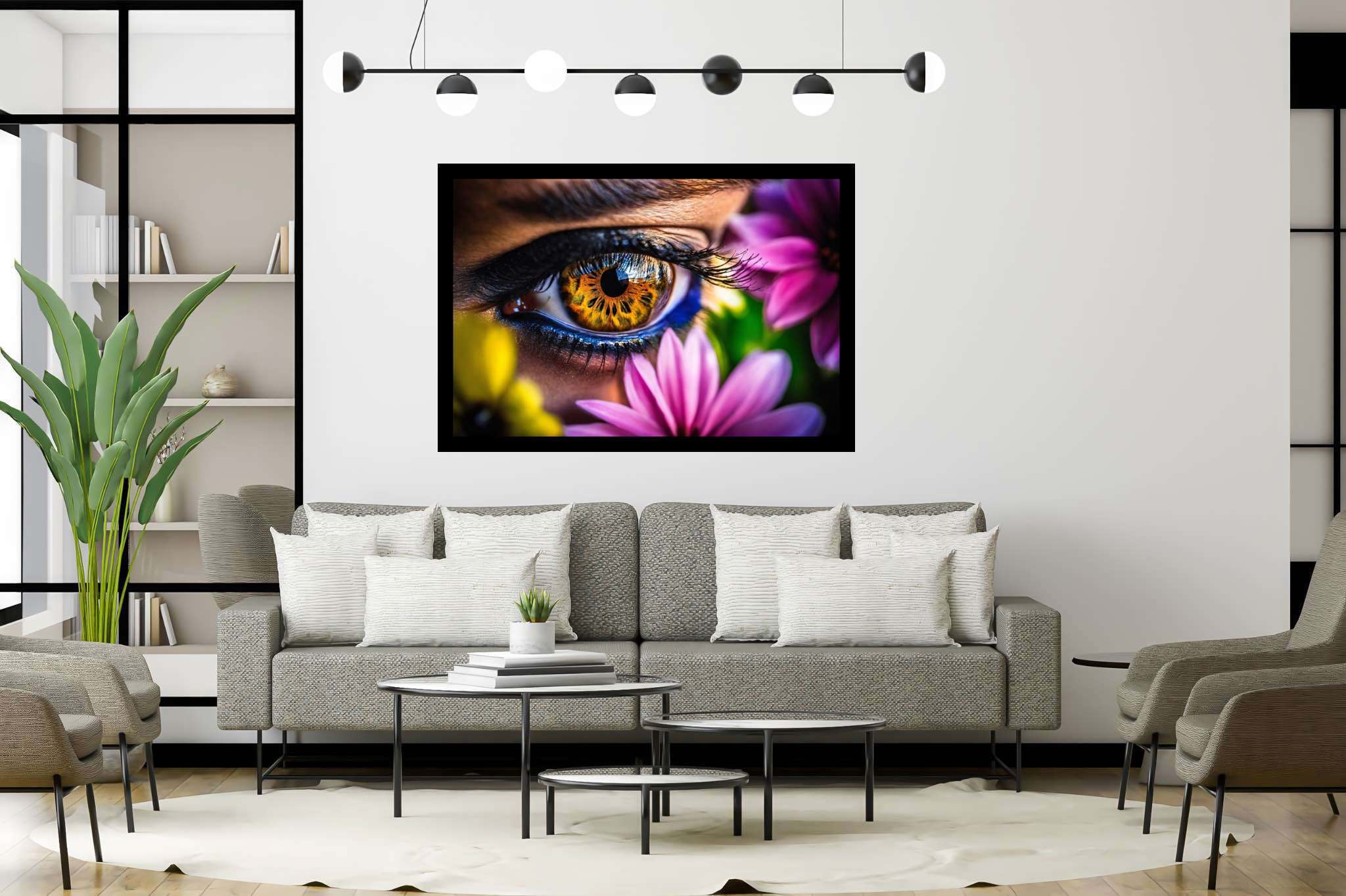 Blossom gaze garden: Eye art with eye art paintings, in a room with innovative layout, photographic wall art, and trendy home accents. The art can be printed on poster, framed poster, canvas, metal, acrylic or wood, exclusively at WallArtZen. Find this exact print at https://wallartzen.com/waz14