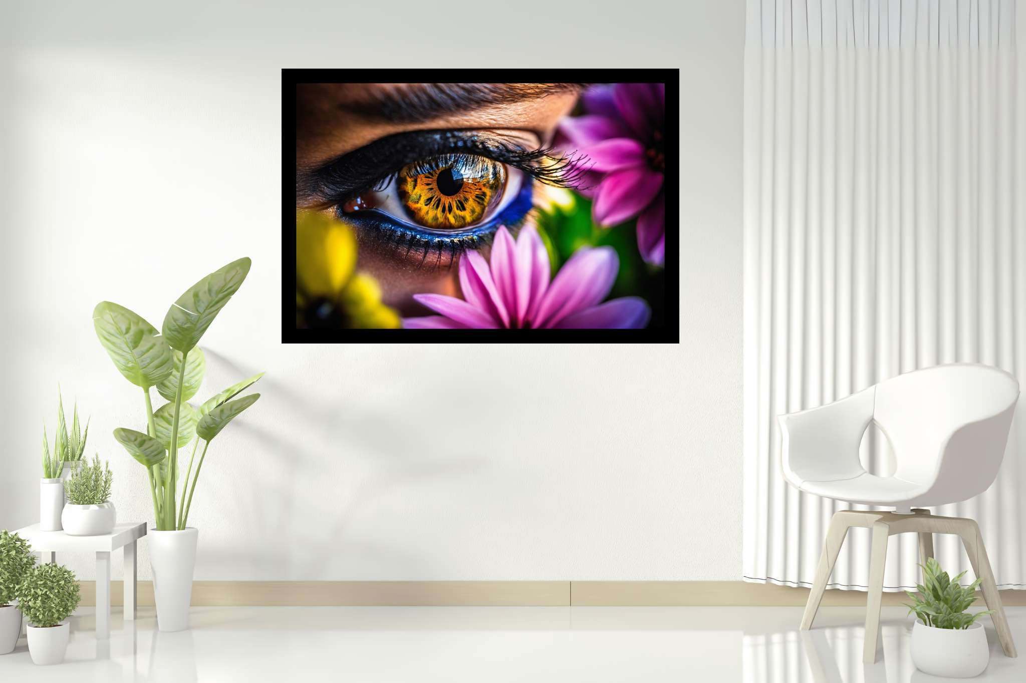 Blossom gaze garden: Eye art with digital eye art, in a room with minimalist approach, digital art pieces, and home styling items. The art can be printed on poster, framed poster, canvas, metal, acrylic or wood, exclusively at WallArtZen. Find this exact print at https://wallartzen.com/waz14