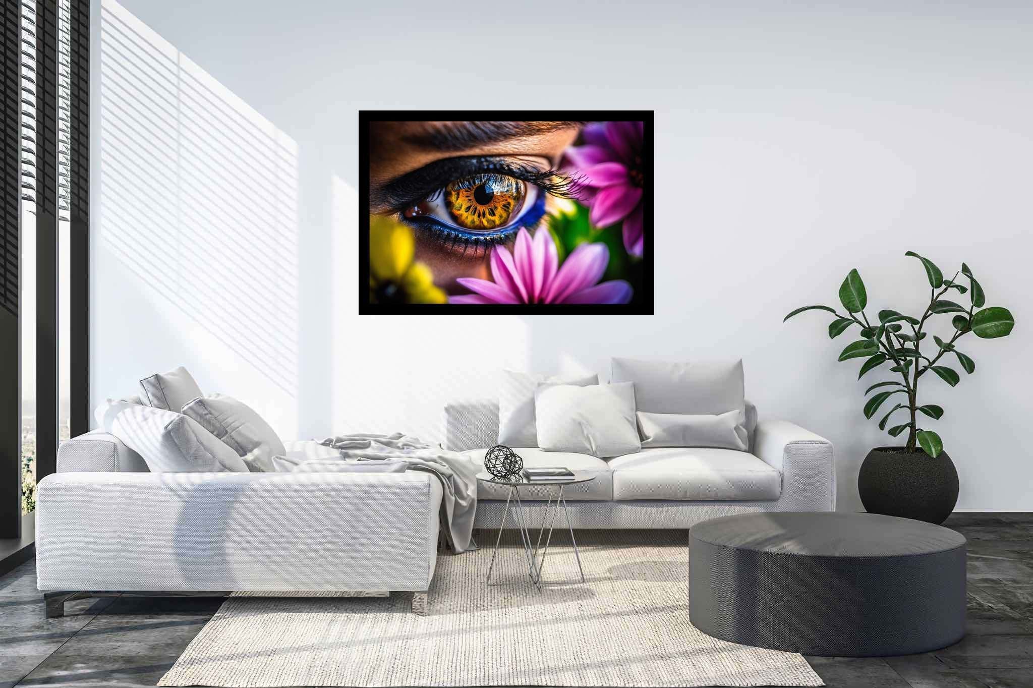 Blossom gaze garden: Eye art with abstract eye art, in a room with great design, abstract paintings, and home furnishings. The art can be printed on poster, framed poster, canvas, metal, acrylic or wood, exclusively at WallArtZen. Find this exact print at https://wallartzen.com/waz14