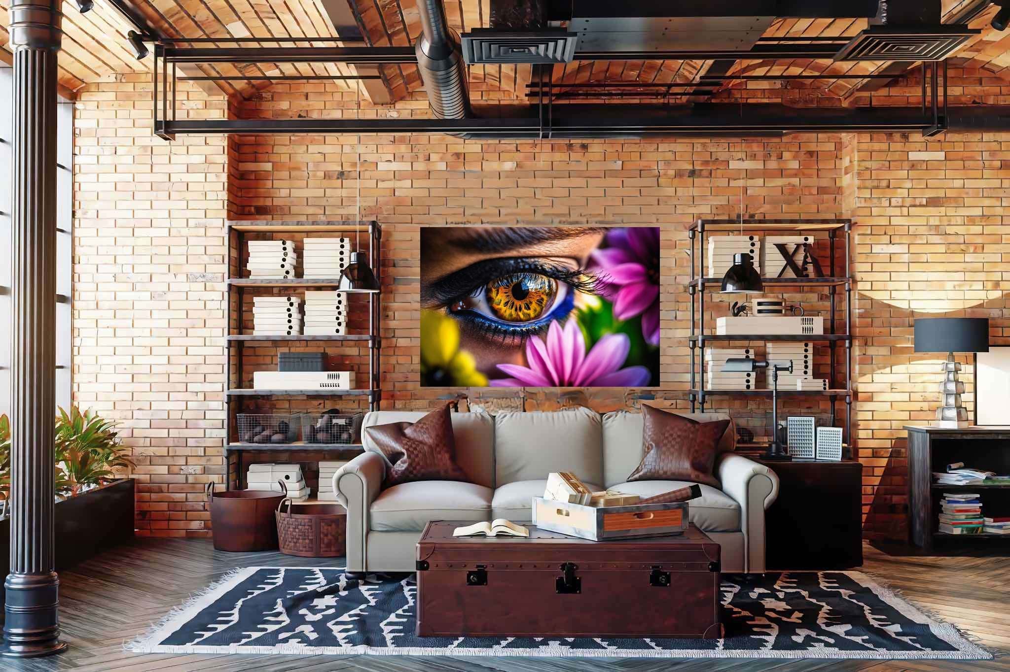 Blossom gaze garden: Eye art with colorful eye art, in a room with chic decor, gallery-quality artwork, and elegant home goods. The art can be printed on poster, framed poster, canvas, metal, acrylic or wood, exclusively at WallArtZen. Find this exact print at https://wallartzen.com/waz14