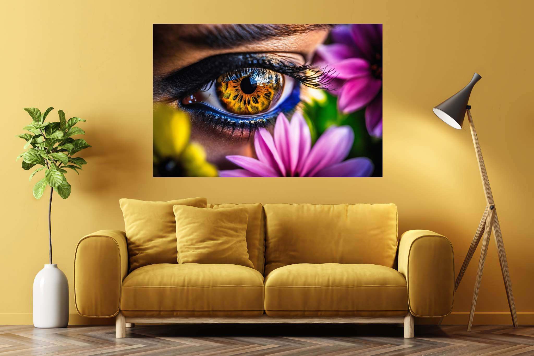 Blossom gaze garden: Eye art with realistic eye art, in a room with urban design, bespoke art designs, and designer furniture. The art can be printed on poster, framed poster, canvas, metal, acrylic or wood, exclusively at WallArtZen. Find this exact print at https://wallartzen.com/waz14