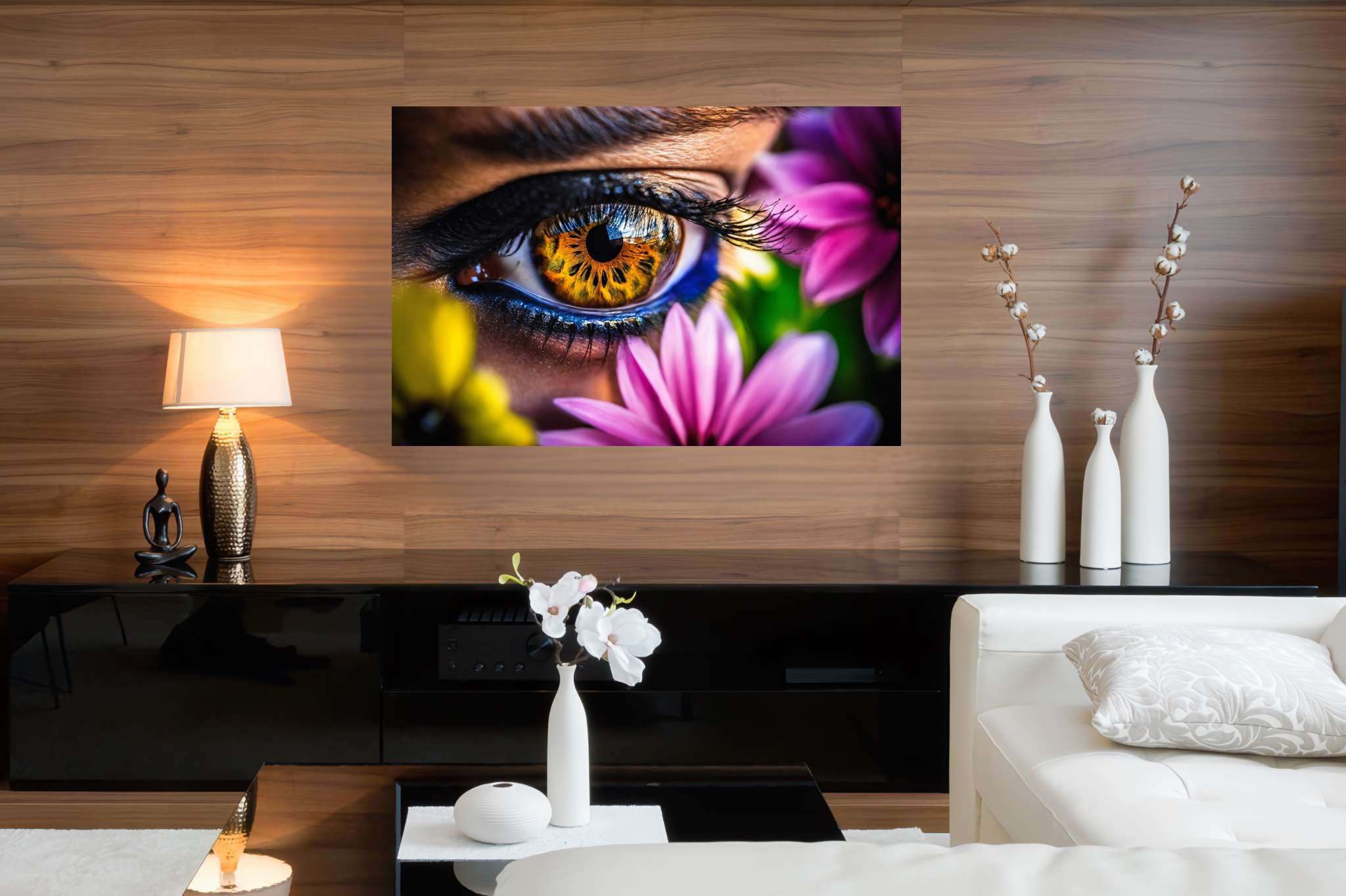 Blossom gaze garden: Eye art with eye art, in a room with artistic style, gallery-quality artwork, and elegant home goods. The art can be printed on poster, framed poster, canvas, metal, acrylic or wood, exclusively at WallArtZen. Find this exact print at https://wallartzen.com/waz14