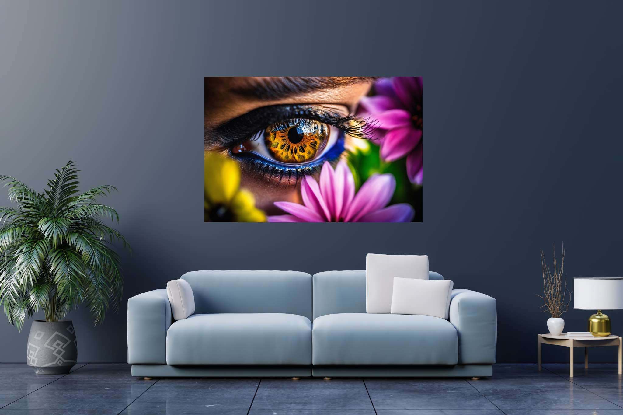 Blossom gaze garden: Eye art with eye art, in a room with elegant layout, wall hangings, and home furnishings. The art can be printed on poster, framed poster, canvas, metal, acrylic or wood, exclusively at WallArtZen. Find this exact print at https://wallartzen.com/waz14