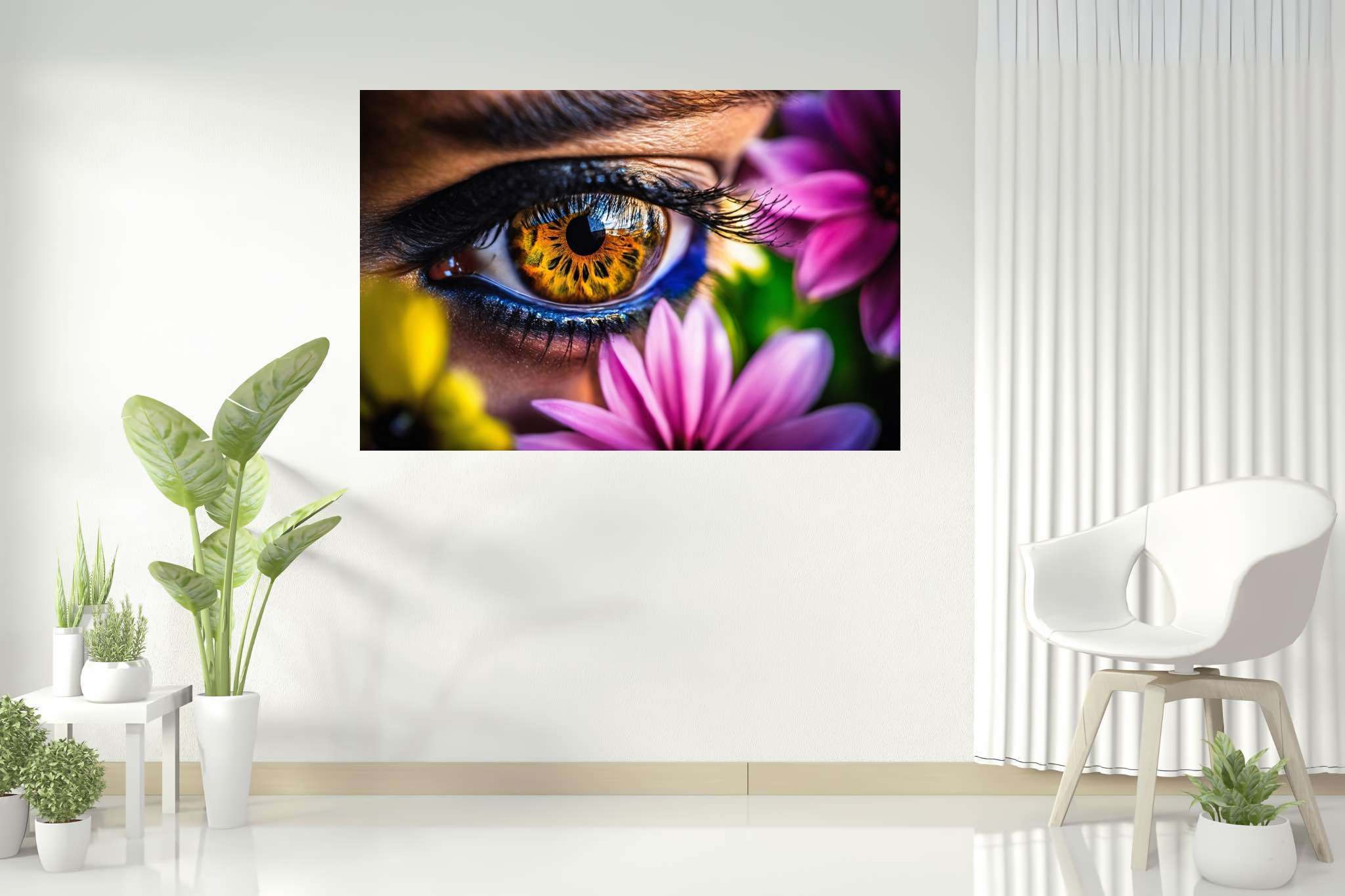 Blossom gaze garden: Eye art with surreal eye art, in a room with modern style, bespoke art designs, and home furnishings. The art can be printed on poster, framed poster, canvas, metal, acrylic or wood, exclusively at WallArtZen. Find this exact print at https://wallartzen.com/waz14