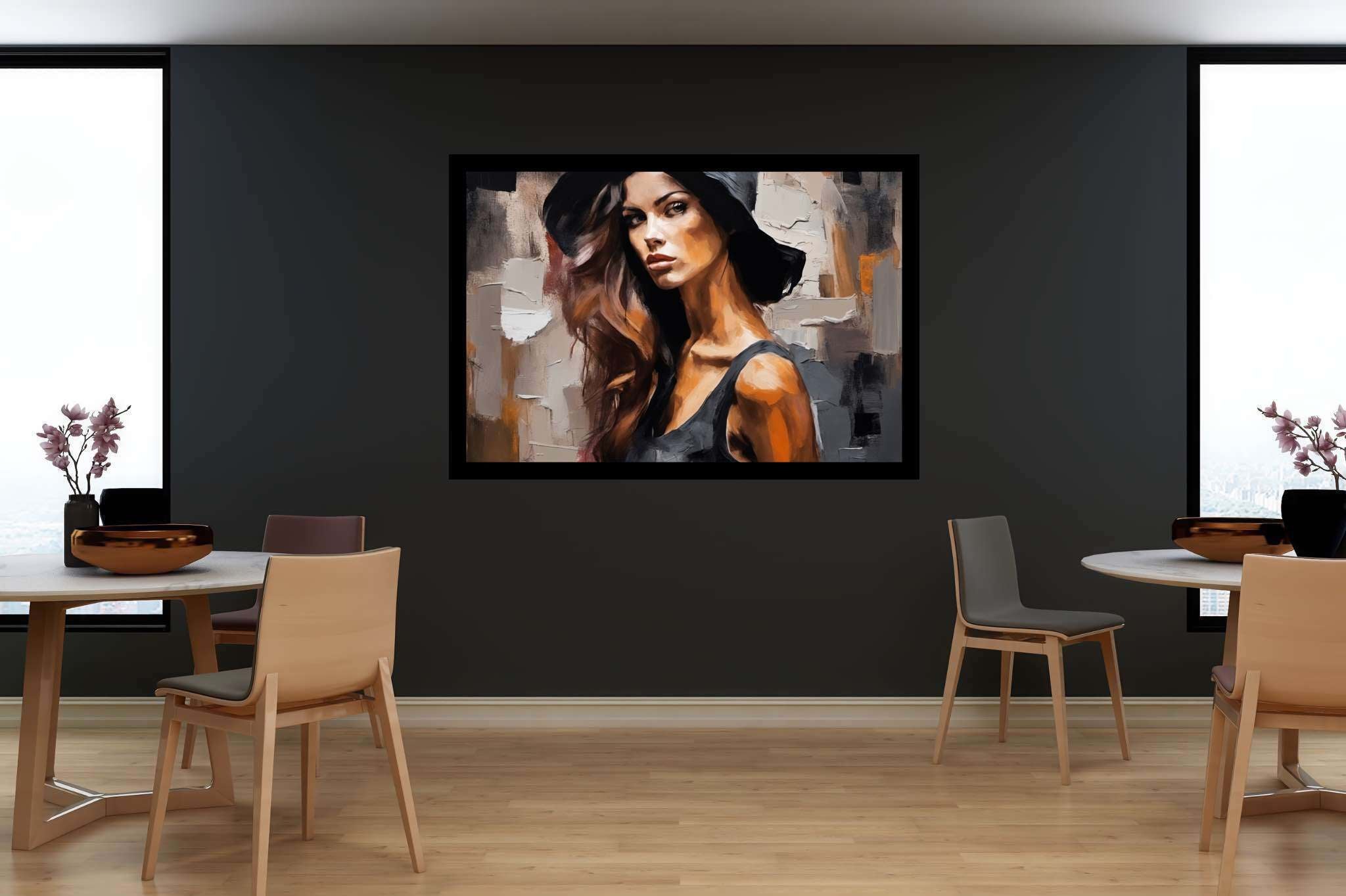 Silhouette of grace: Elegant woman art with sophisticated woman watercolor, in a room with classic elegance, mural artworks, and interior decorations. The art can be printed on poster, framed poster, canvas, metal, acrylic or wood, exclusively at WallArtZen. Find this exact print at https://wallartzen.com/waz150