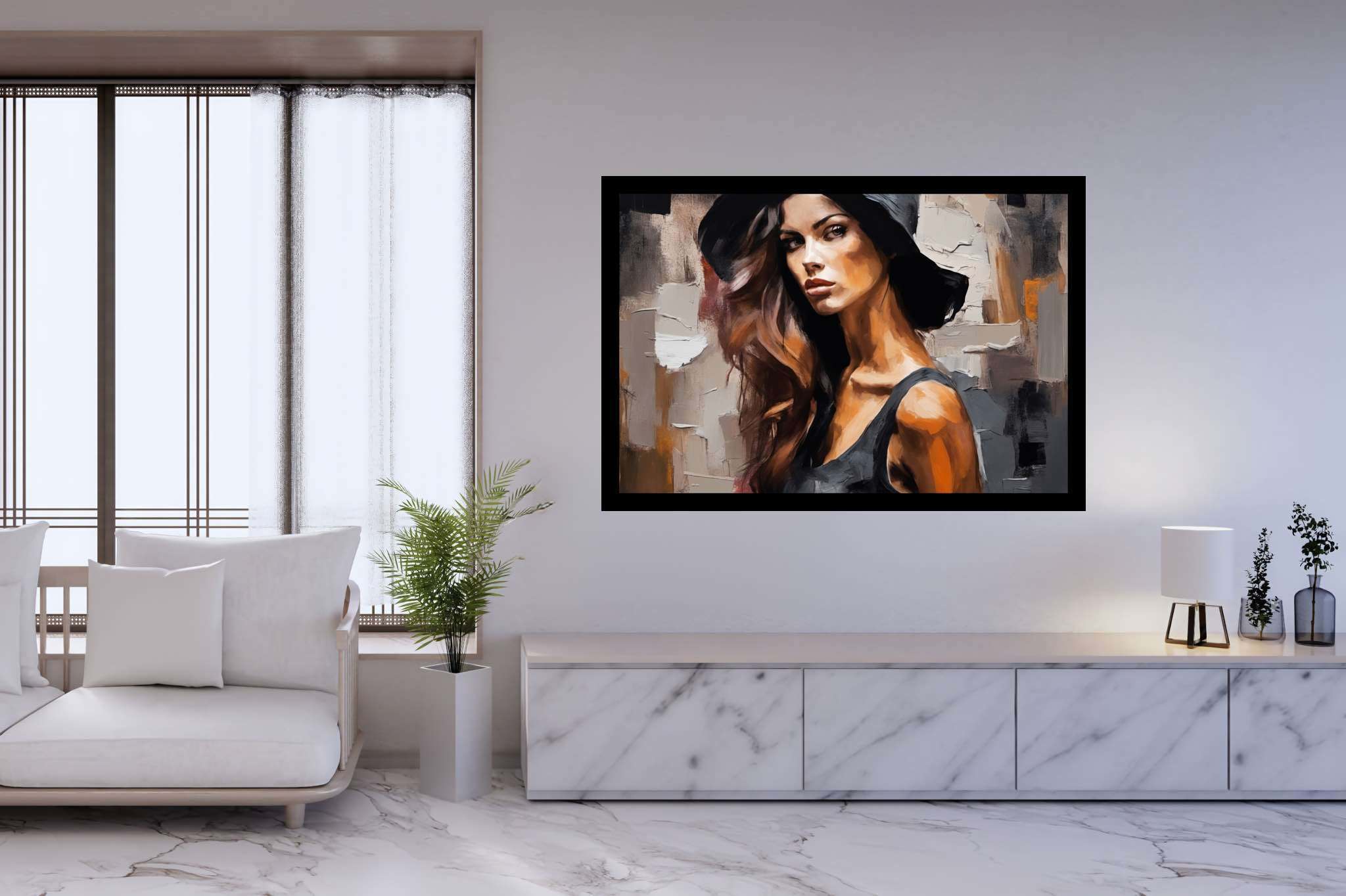 Silhouette of grace: Elegant woman art with sophisticated lady painting, in a room with innovative layout, framed art, and trendy home accents. The art can be printed on poster, framed poster, canvas, metal, acrylic or wood, exclusively at WallArtZen. Find this exact print at https://wallartzen.com/waz150