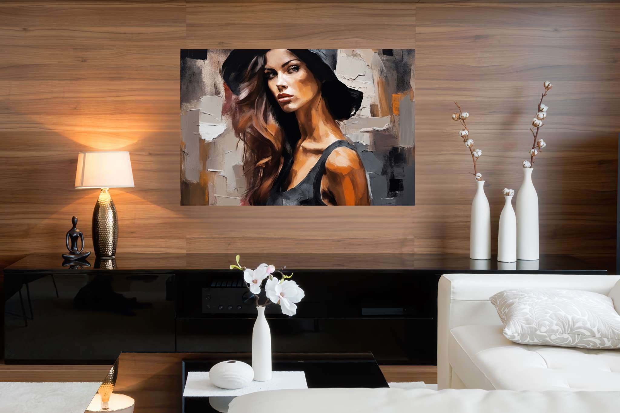 Silhouette of grace: Elegant woman art with refined woman oil painting, in a room with classic elegance, mural artworks, and artisan decor. The art can be printed on poster, framed poster, canvas, metal, acrylic or wood, exclusively at WallArtZen. Find this exact print at https://wallartzen.com/waz150