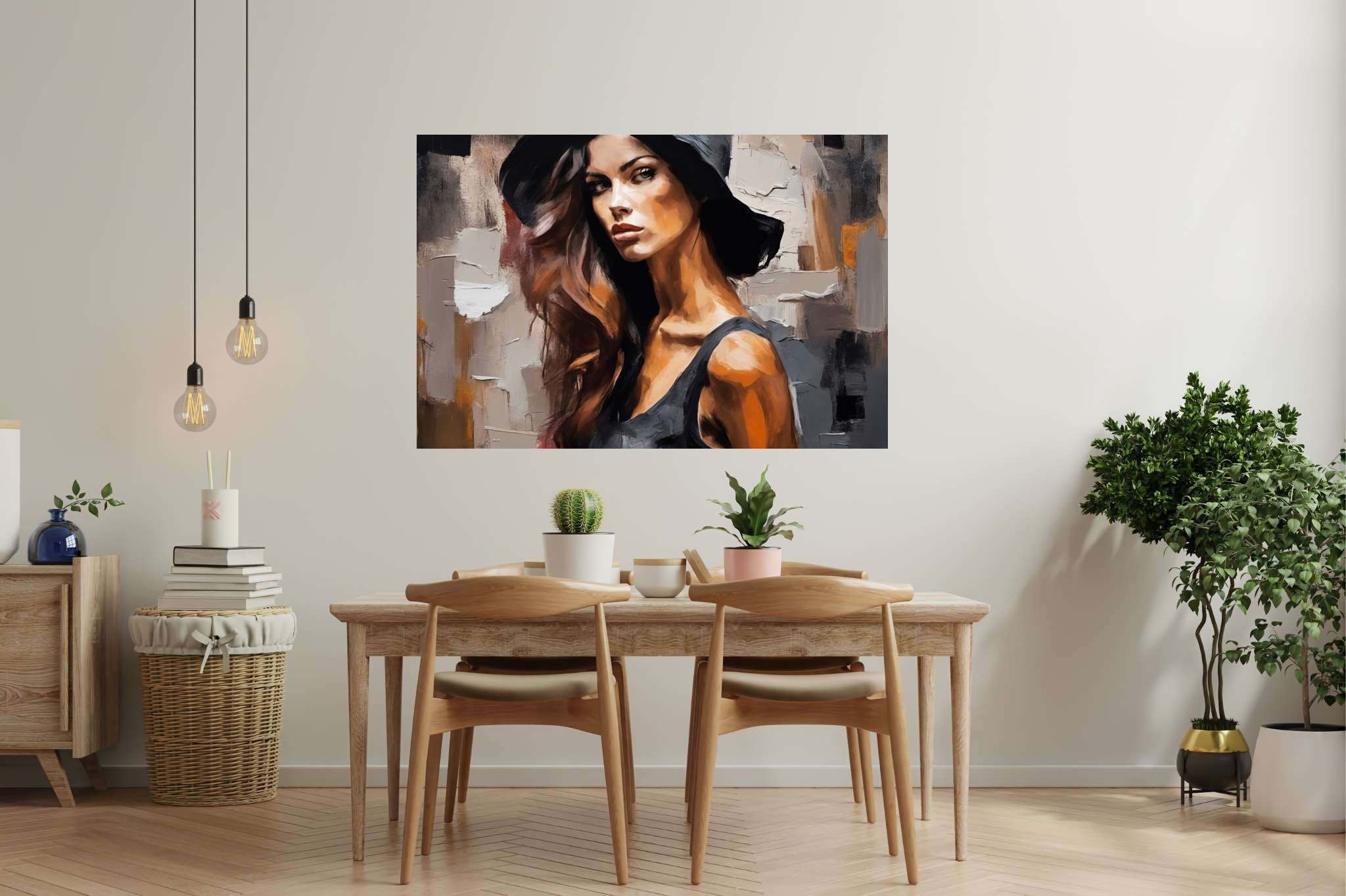 Silhouette of grace: Elegant woman art with fashionable lady print, in a room with elegant layout, wall hangings, and home styling items. The art can be printed on poster, framed poster, canvas, metal, acrylic or wood, exclusively at WallArtZen. Find this exact print at https://wallartzen.com/waz150